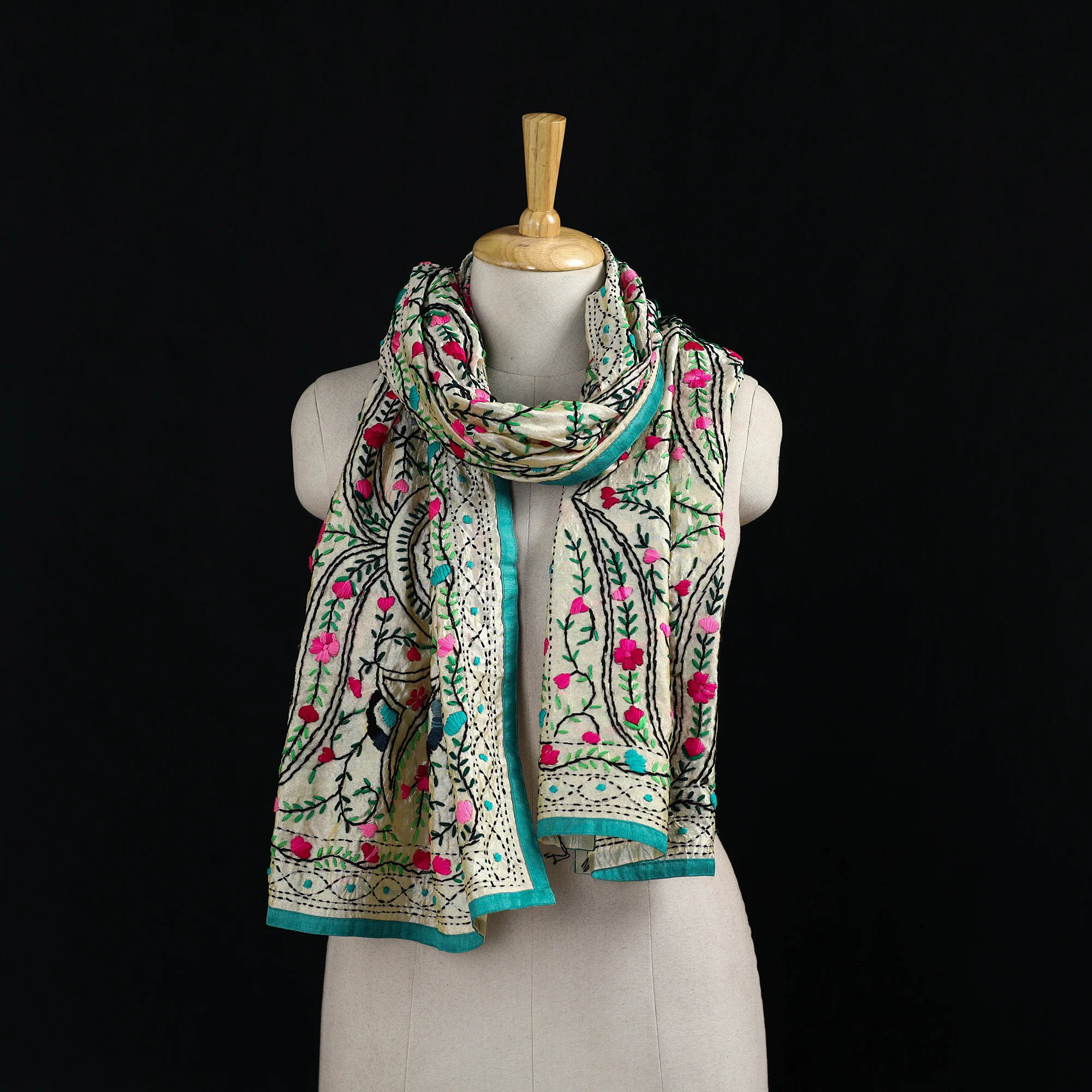 Beige - Ranihati Chanderi Silk Hand Embroidered Stole 16