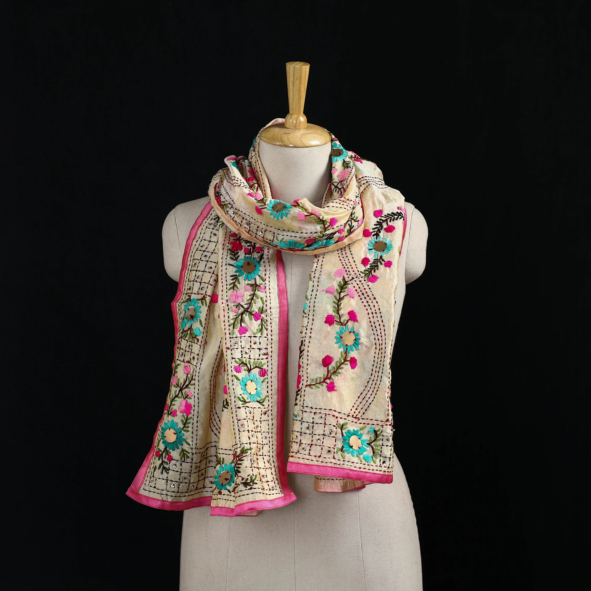 Beige - Ranihati Chanderi Silk Hand Embroidered Stole 19