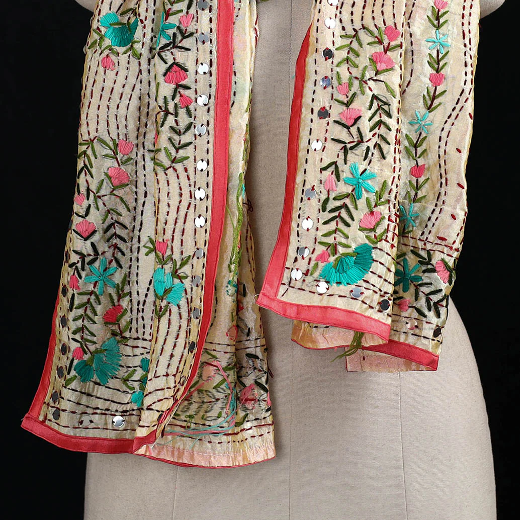 Beige - Ranihati Chanderi Silk Hand Embroidered Stole 22 - Image 2