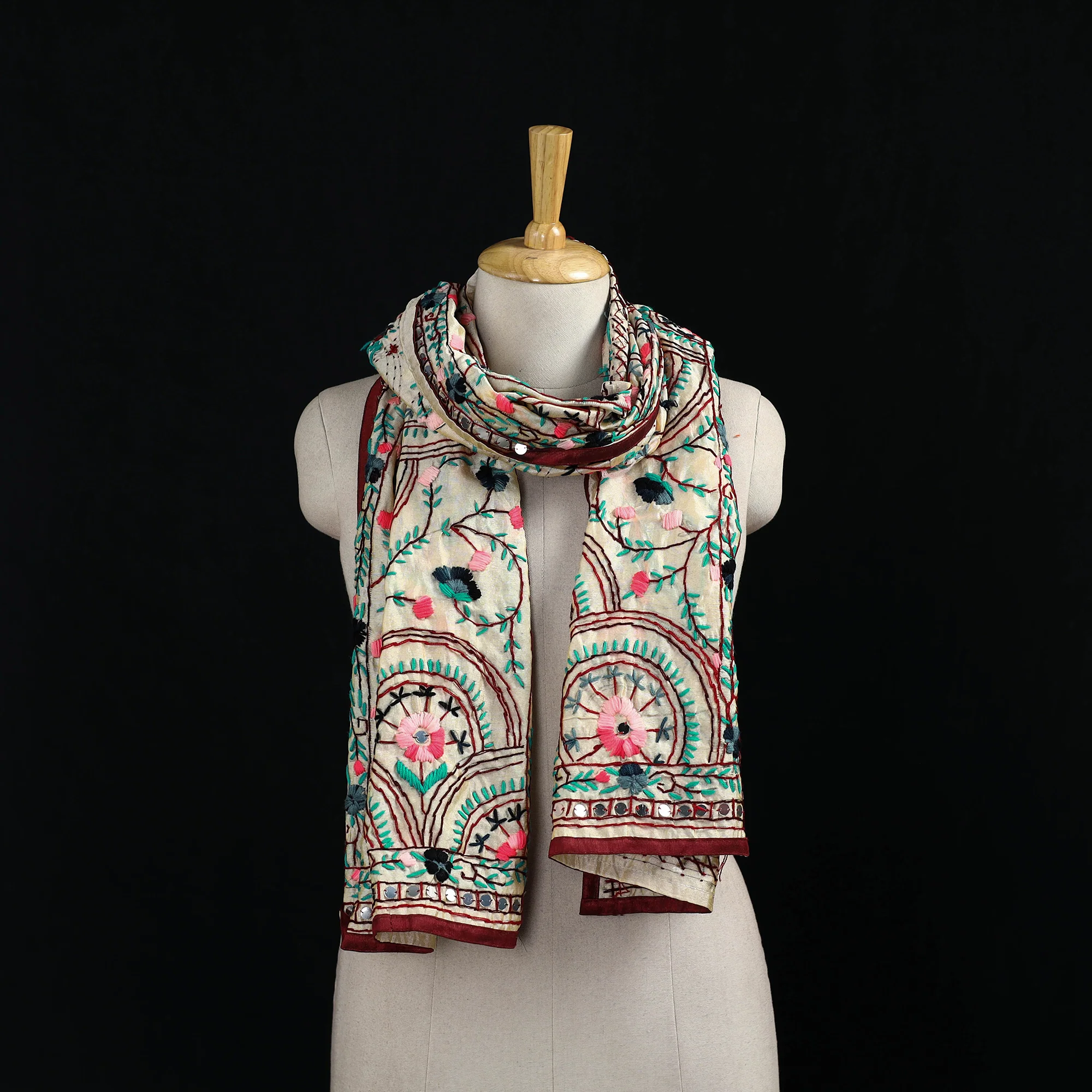 Beige - Ranihati Chanderi Silk Hand Embroidered Stole 23