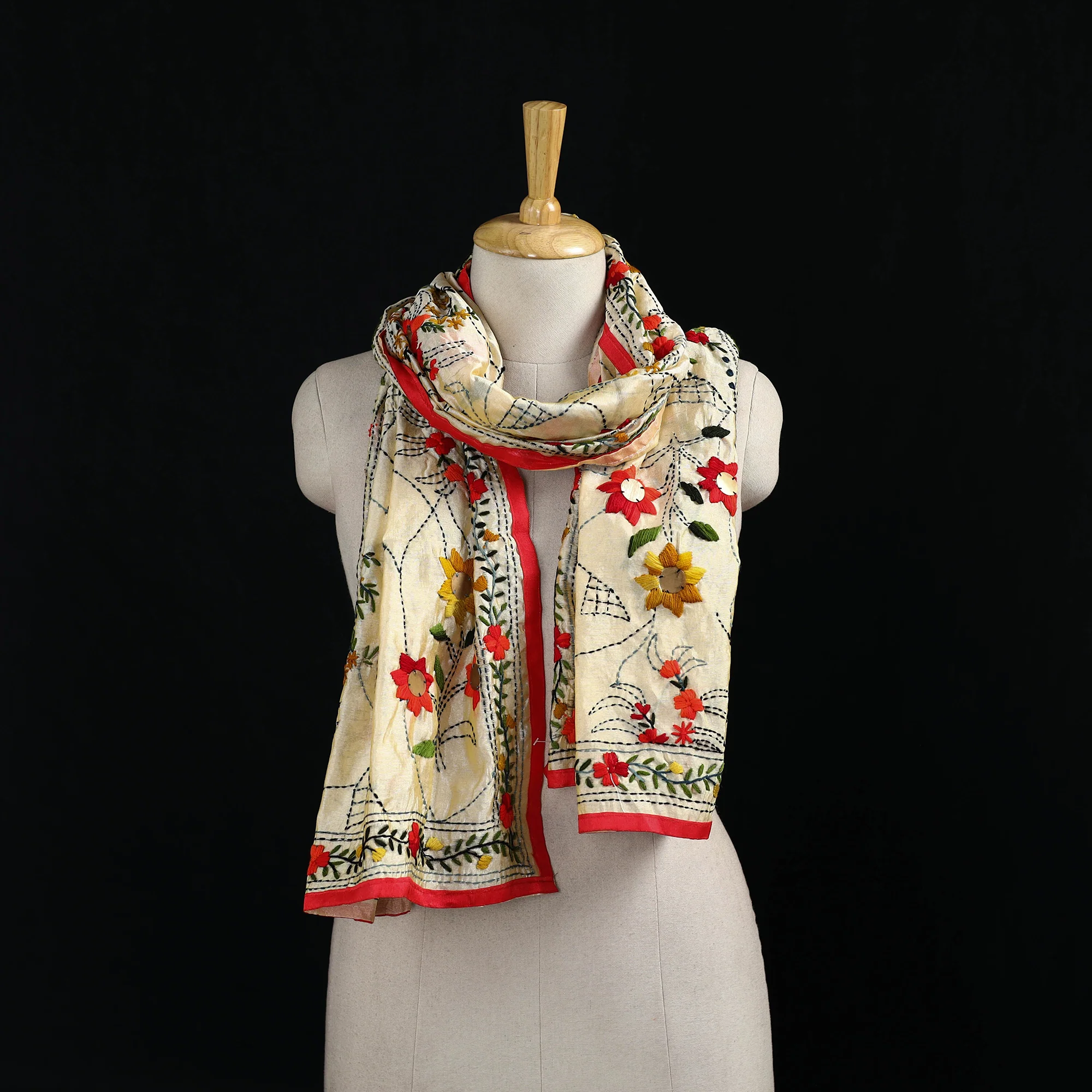 Beige - Ranihati Chanderi Silk Hand Embroidered Stole 31