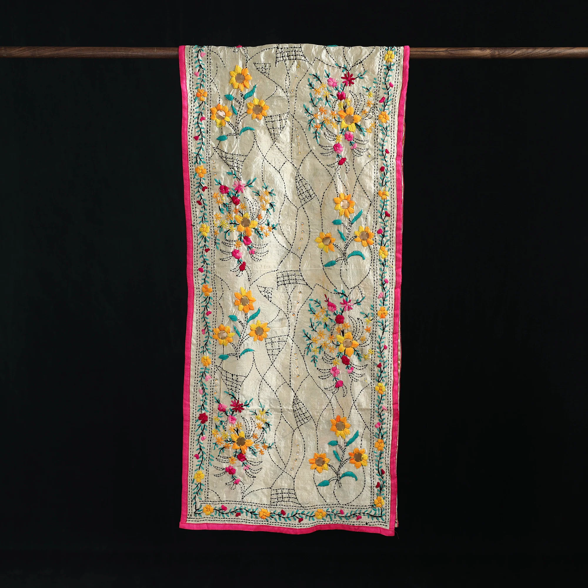 Beige - Ranihati Chanderi Silk Hand Embroidered Stole 40 - Image 3