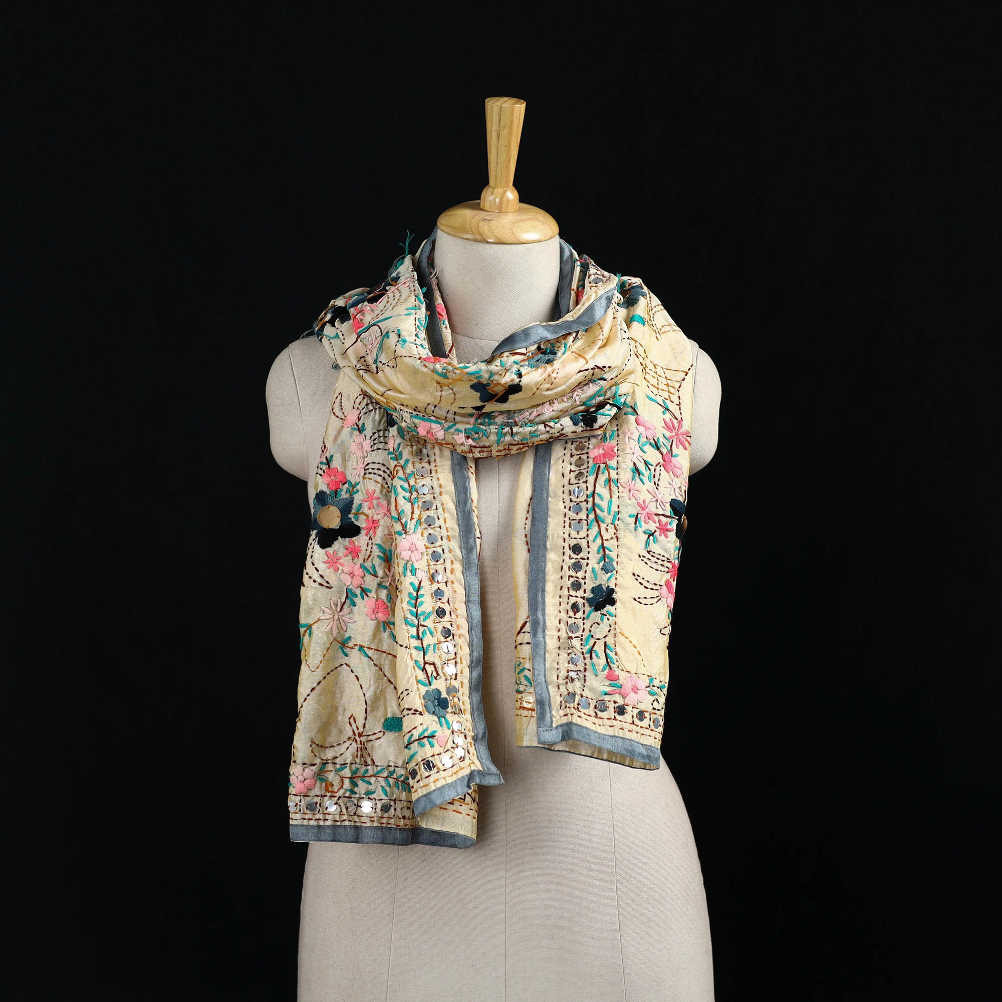 Beige - Ranihati Chanderi Silk Hand Embroidered Stole 42