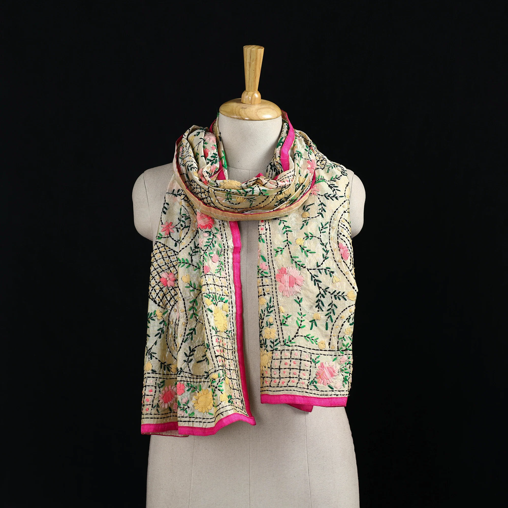 Beige - Ranihati Chanderi Silk Hand Embroidered Stole 45