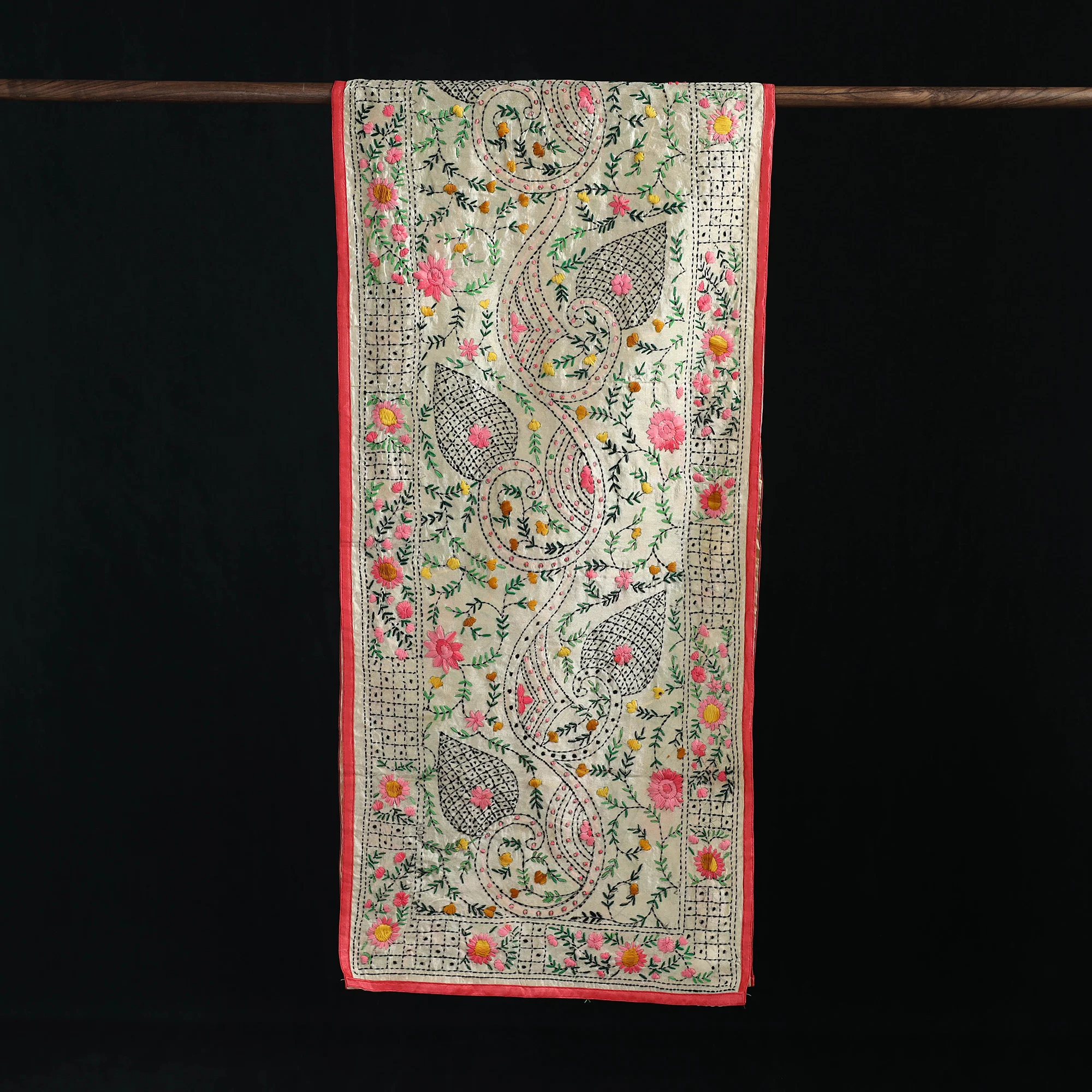 Beige - Ranihati Chanderi Silk Hand Embroidered Stole 59 - Image 3