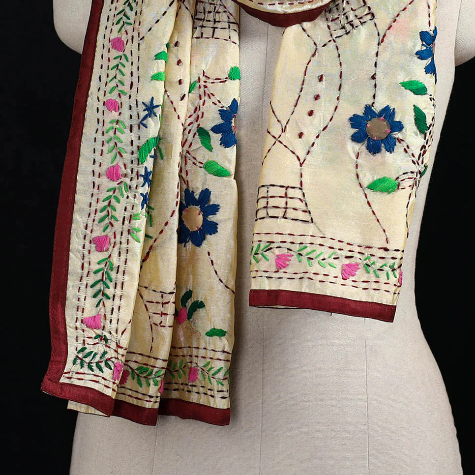 Beige - Ranihati Chanderi Silk Hand Embroidered Stole 60 - Image 2