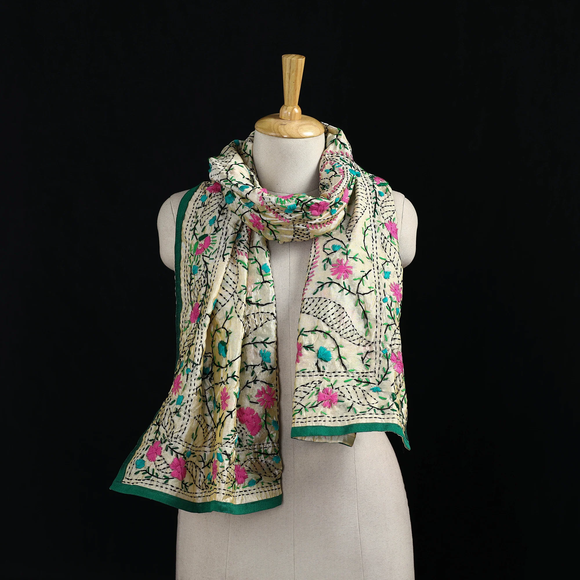Beige - Ranihati Chanderi Silk Hand Embroidered Stole 62