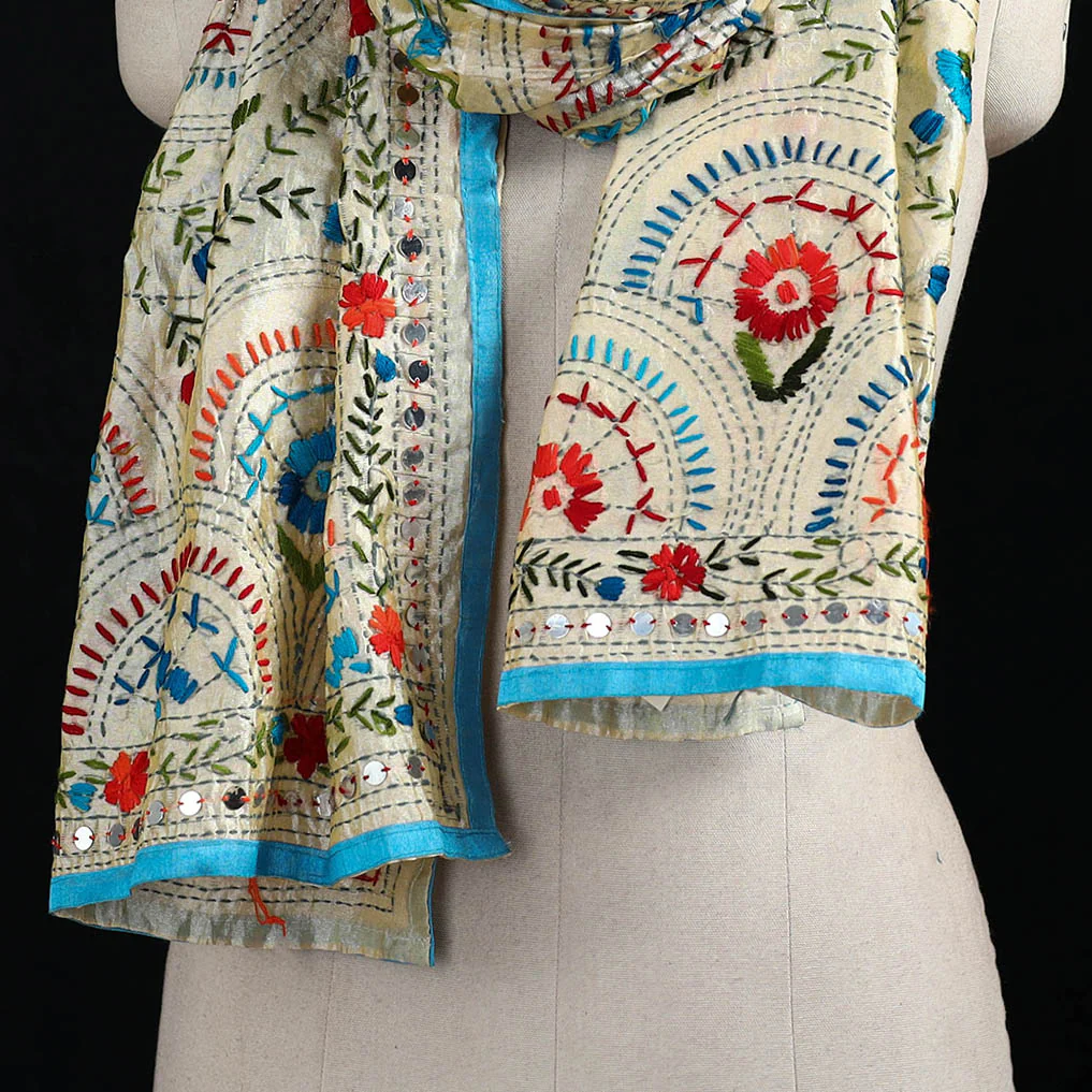 Beige - Ranihati Chanderi Silk Hand Embroidered Stole 78 - Image 2