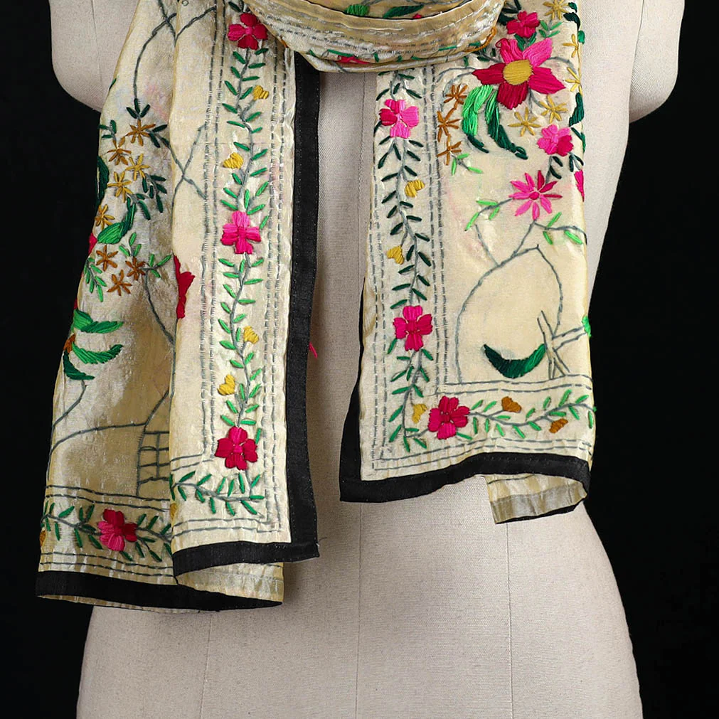 Beige - Ranihati Chanderi Silk Hand Embroidered Stole 85 - Image 2
