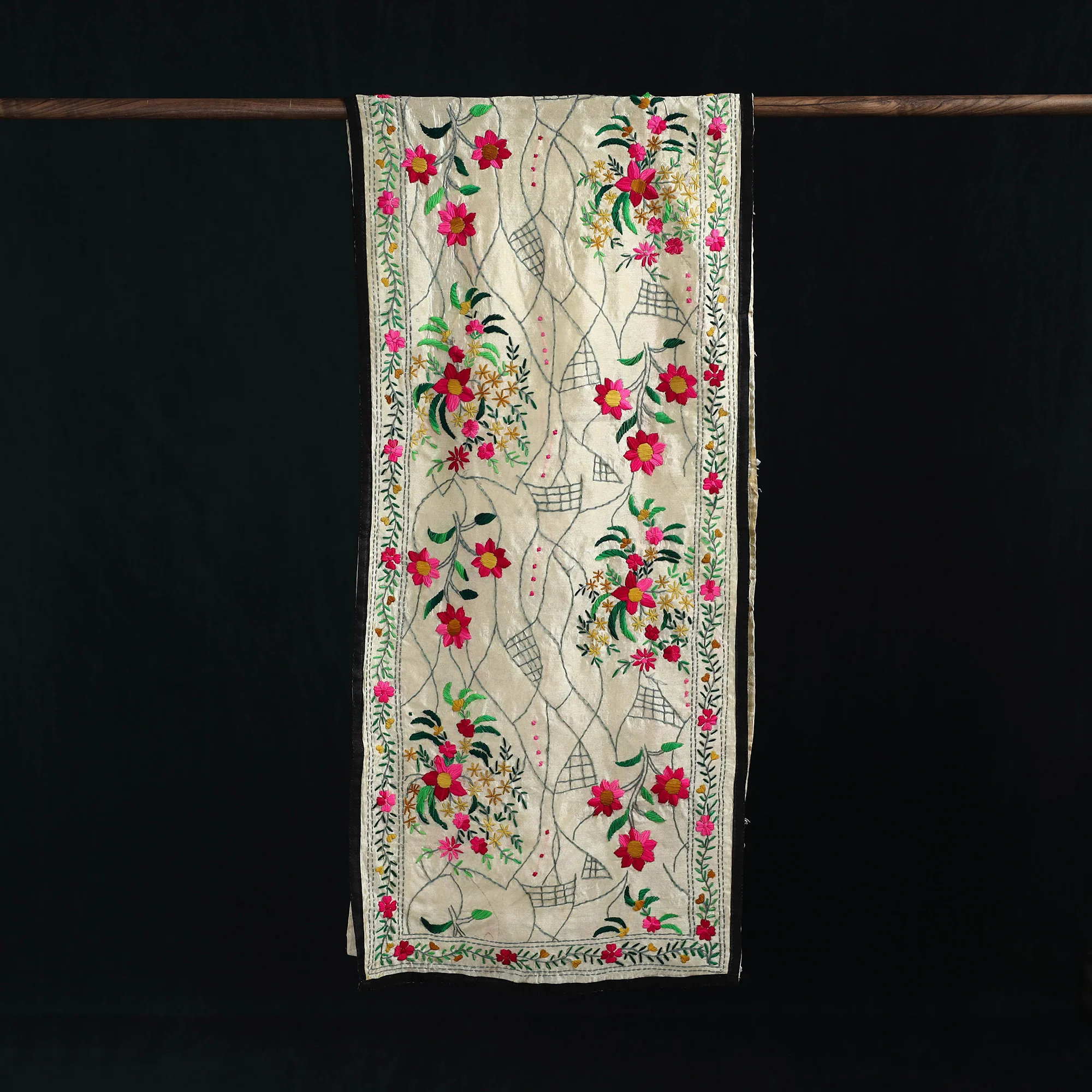 Beige - Ranihati Chanderi Silk Hand Embroidered Stole 85 - Image 3