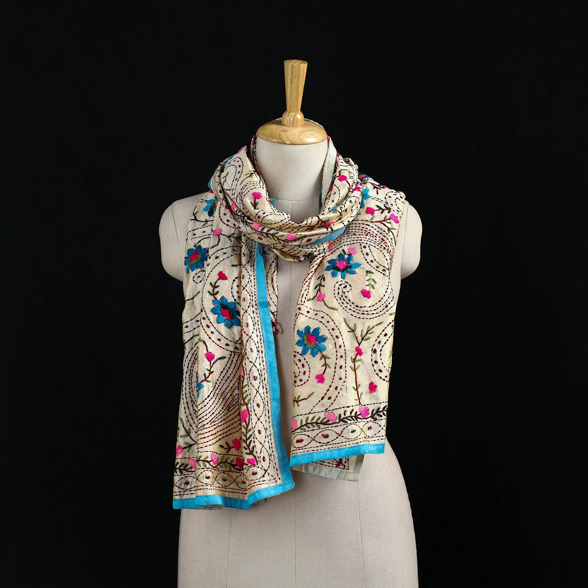 Beige - Ranihati Chanderi Silk Hand Embroidered Stole 90