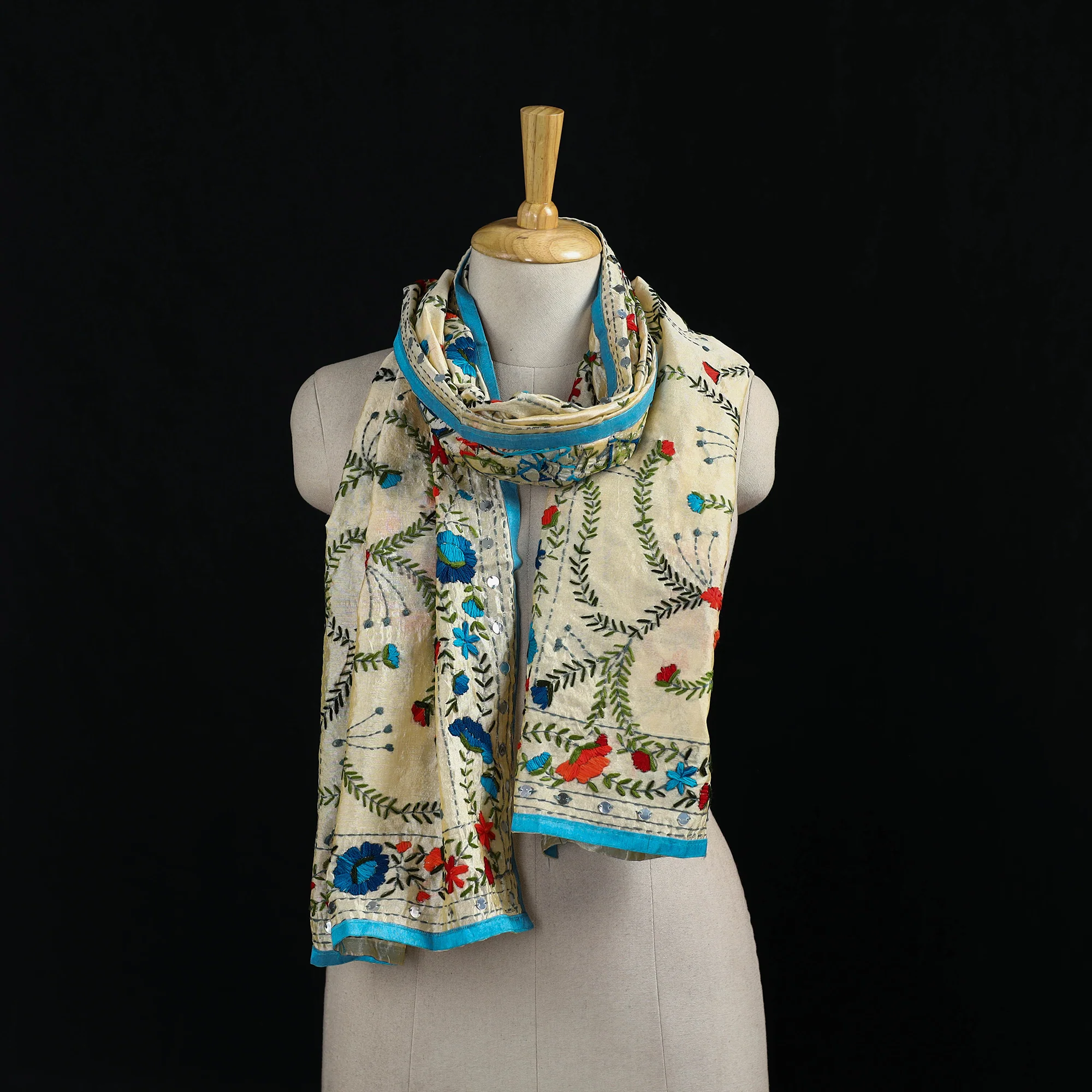 Beige - Ranihati Chanderi Silk Hand Embroidered Stole 98
