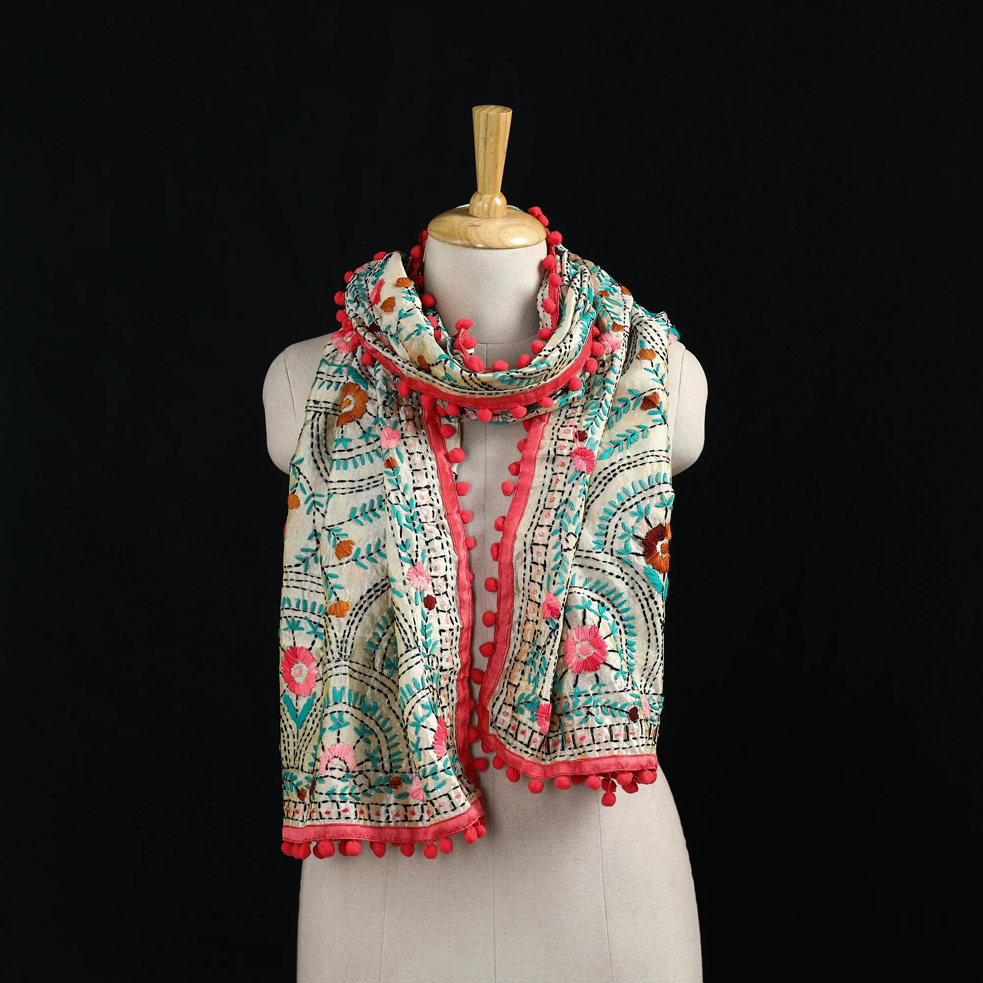 Beige - Ranihati Chanderi Silk Hand Embroidered Stole with Pom Pom 148