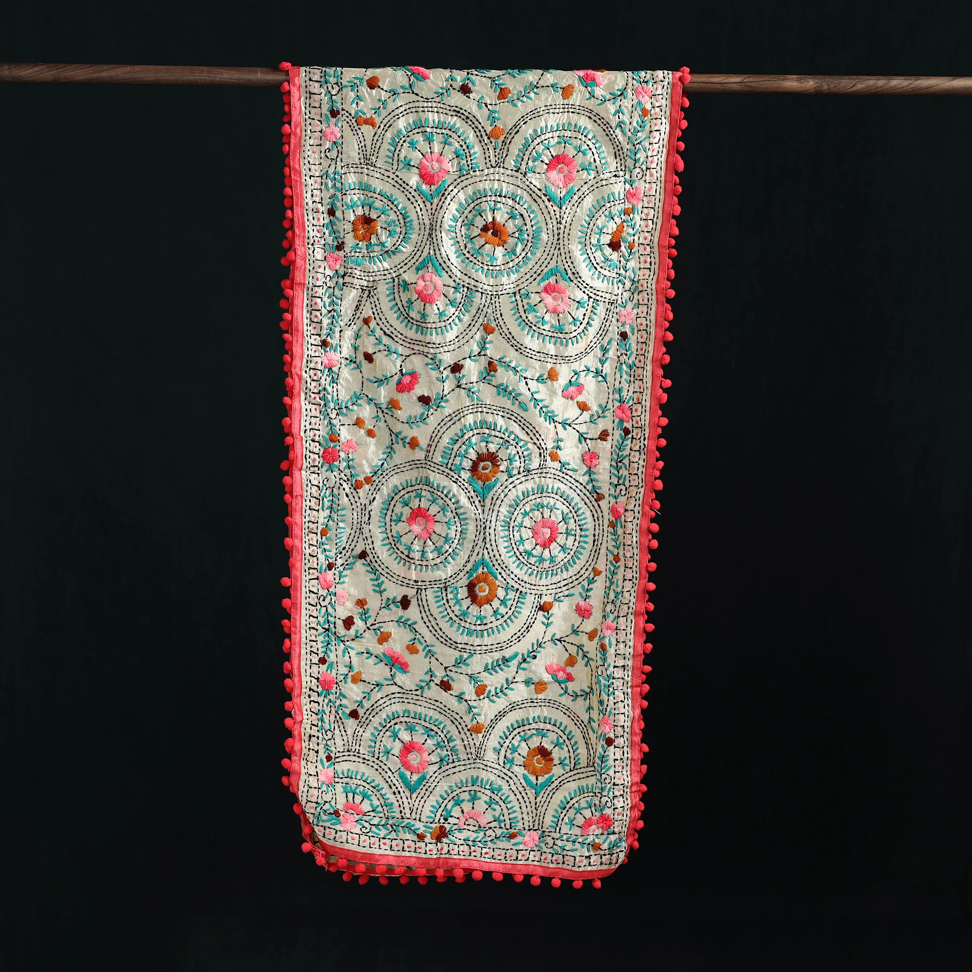Beige - Ranihati Chanderi Silk Hand Embroidered Stole with Pom Pom 148 - Image 3