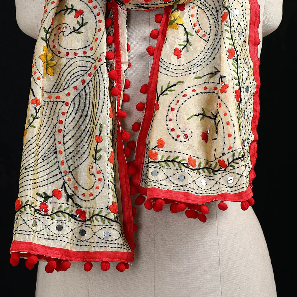 Beige - Ranihati Chanderi Silk Hand Embroidered Stole with Pom Pom 149 - Image 2