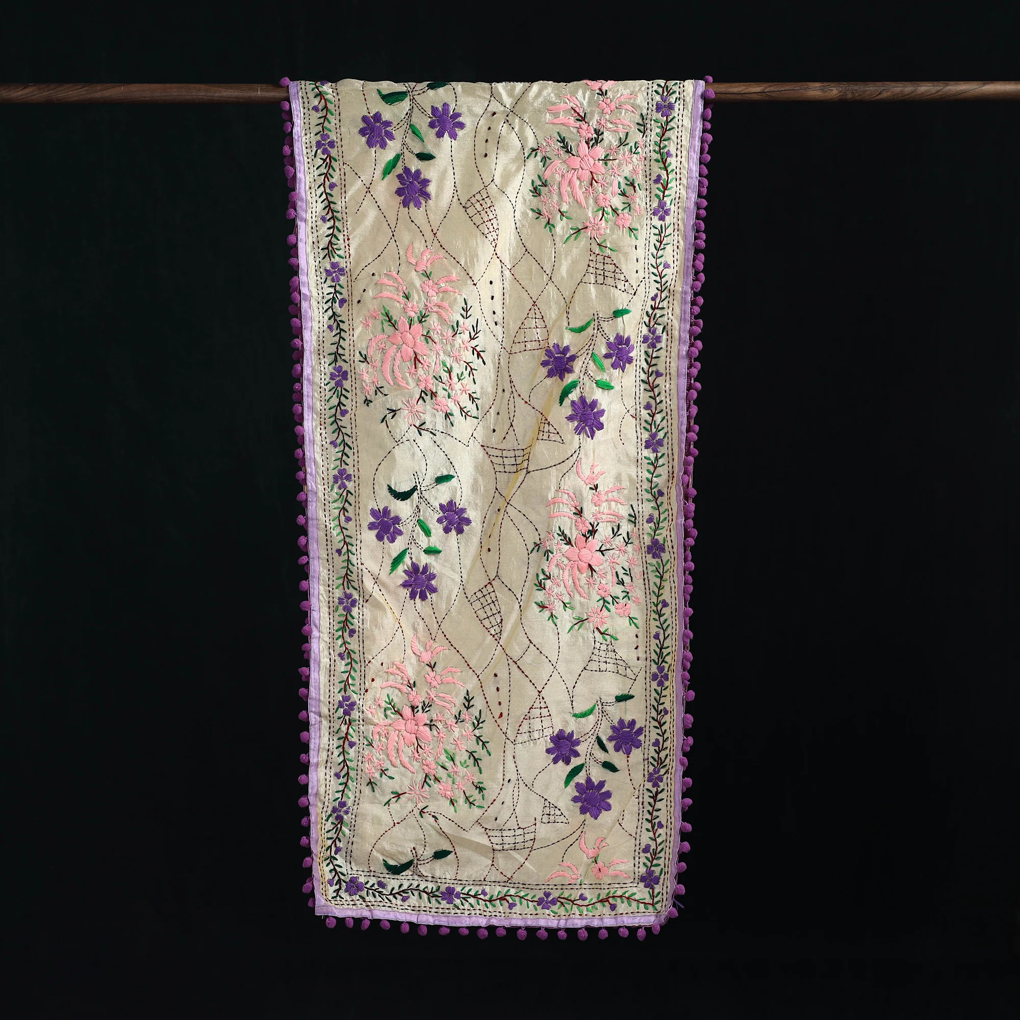 Beige - Ranihati Chanderi Silk Hand Embroidered Stole with Pom Pom 156 - Image 3