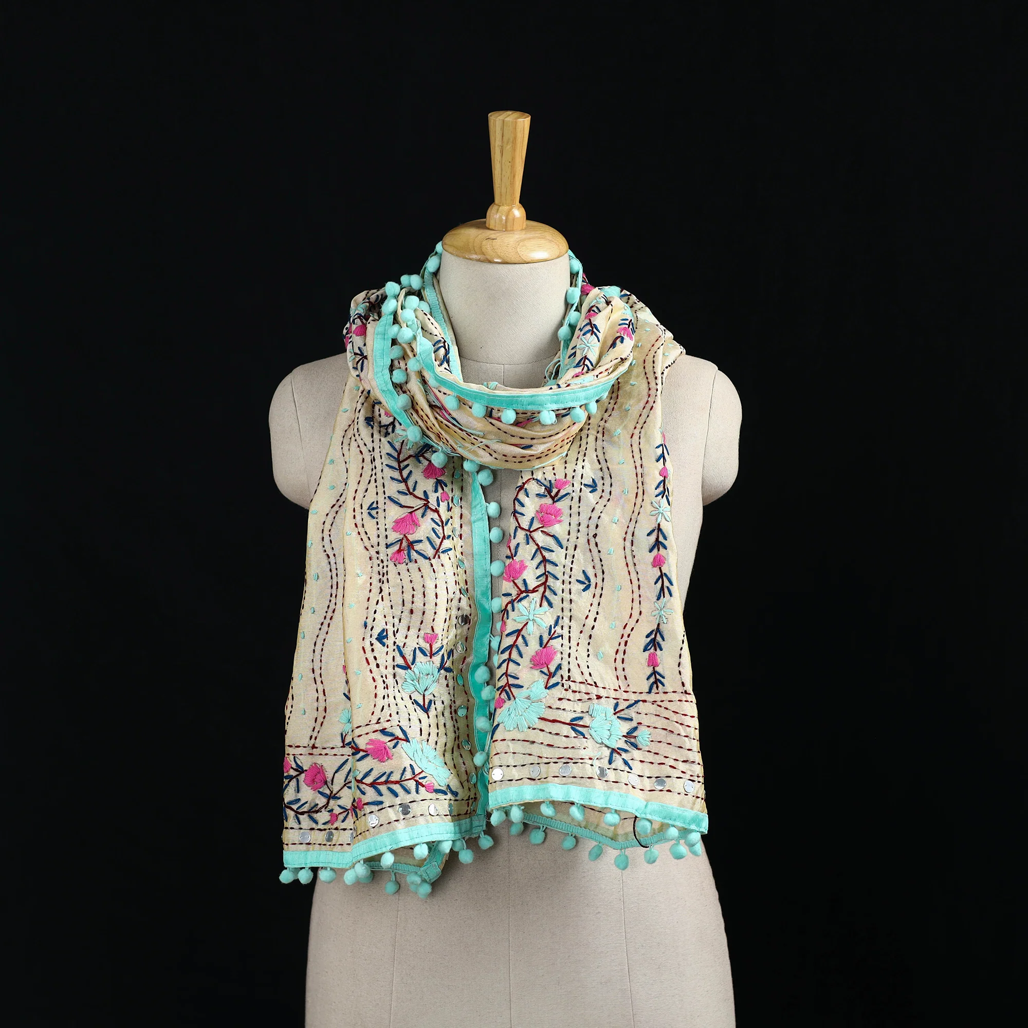 Beige - Ranihati Chanderi Silk Hand Embroidered Stole with Pom Pom 174