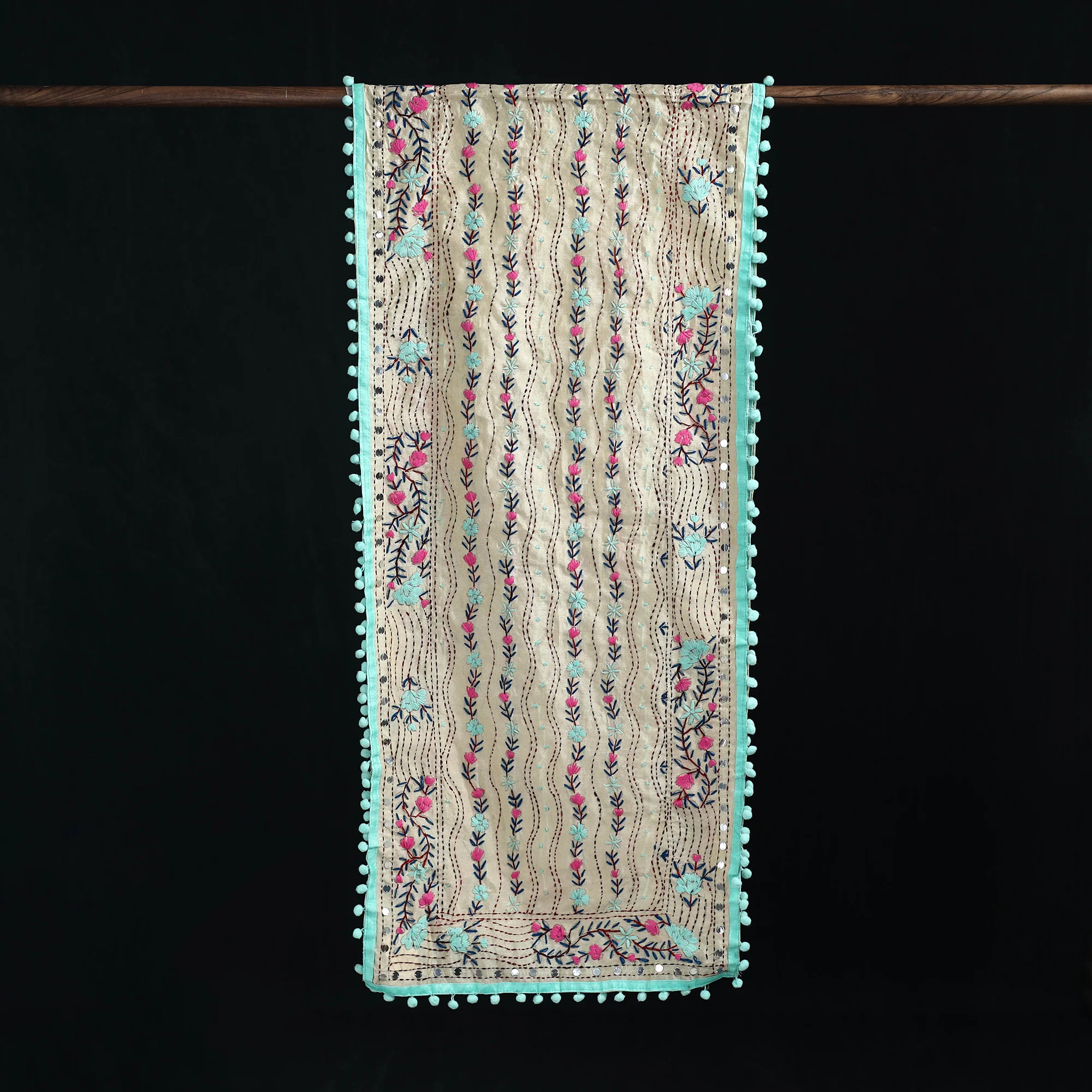 Beige - Ranihati Chanderi Silk Hand Embroidered Stole with Pom Pom 174 - Image 3
