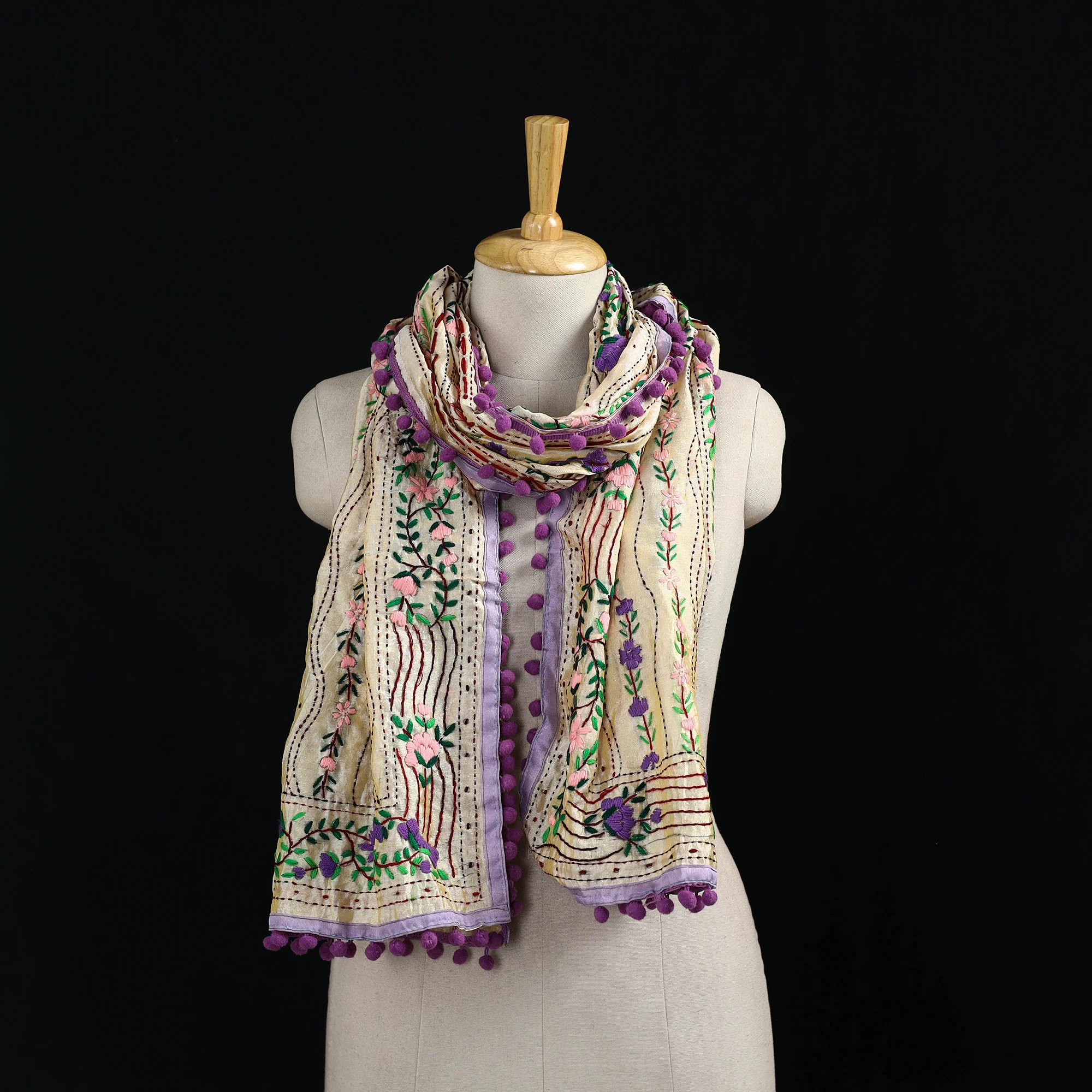 Beige - Ranihati Chanderi Silk Hand Embroidered Stole with Pom Pom 180