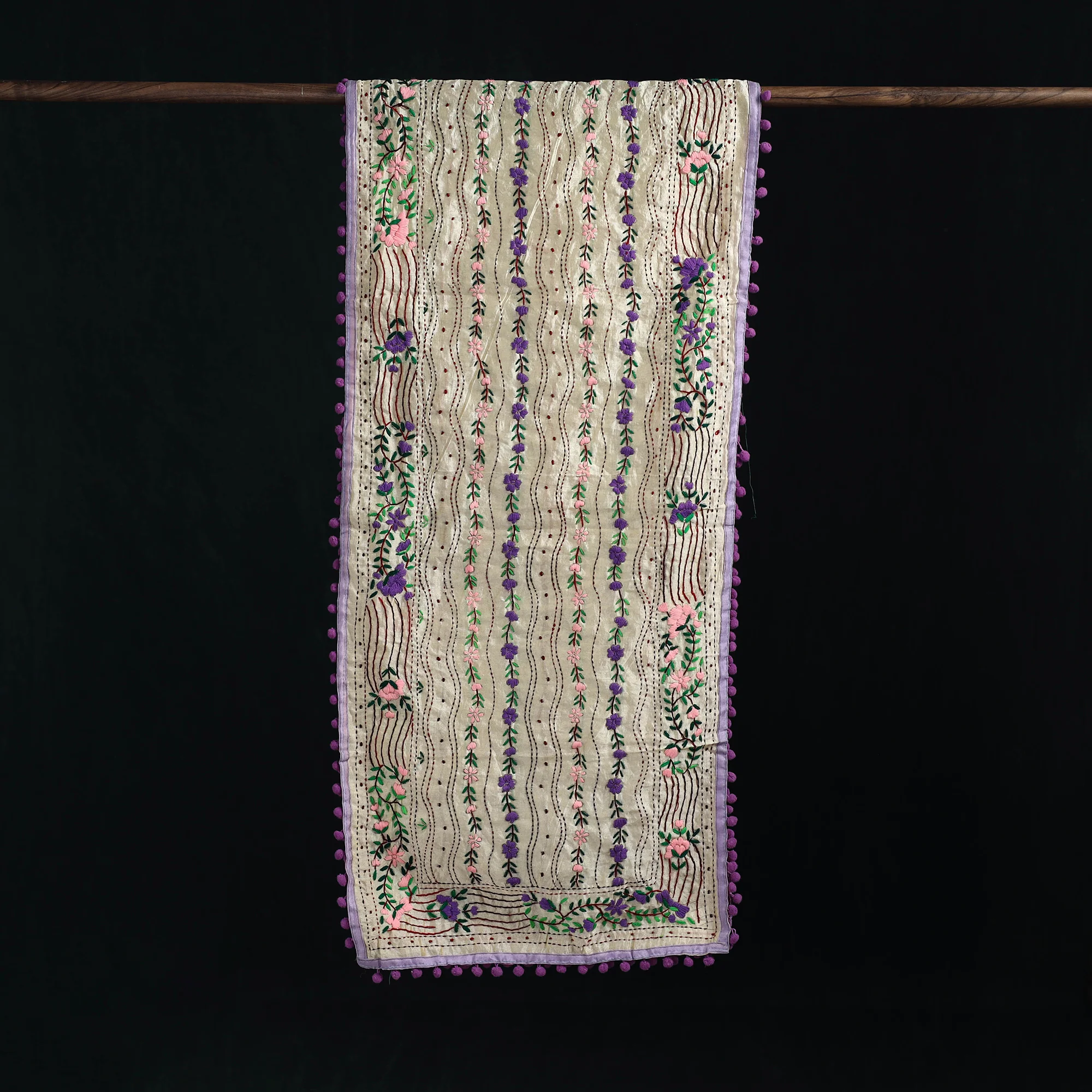 Beige - Ranihati Chanderi Silk Hand Embroidered Stole with Pom Pom 180 - Image 3