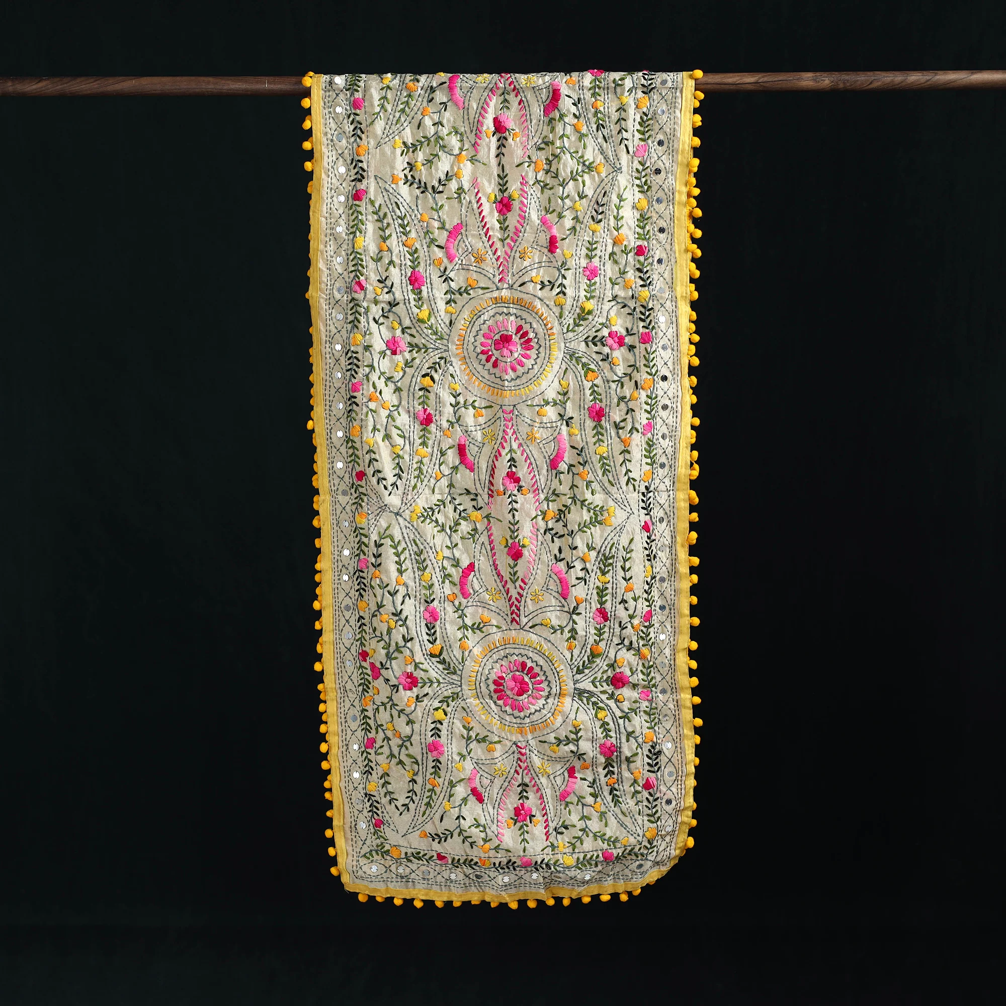 Beige - Ranihati Chanderi Silk Hand Embroidered Stole with Pom Pom 184 - Image 3