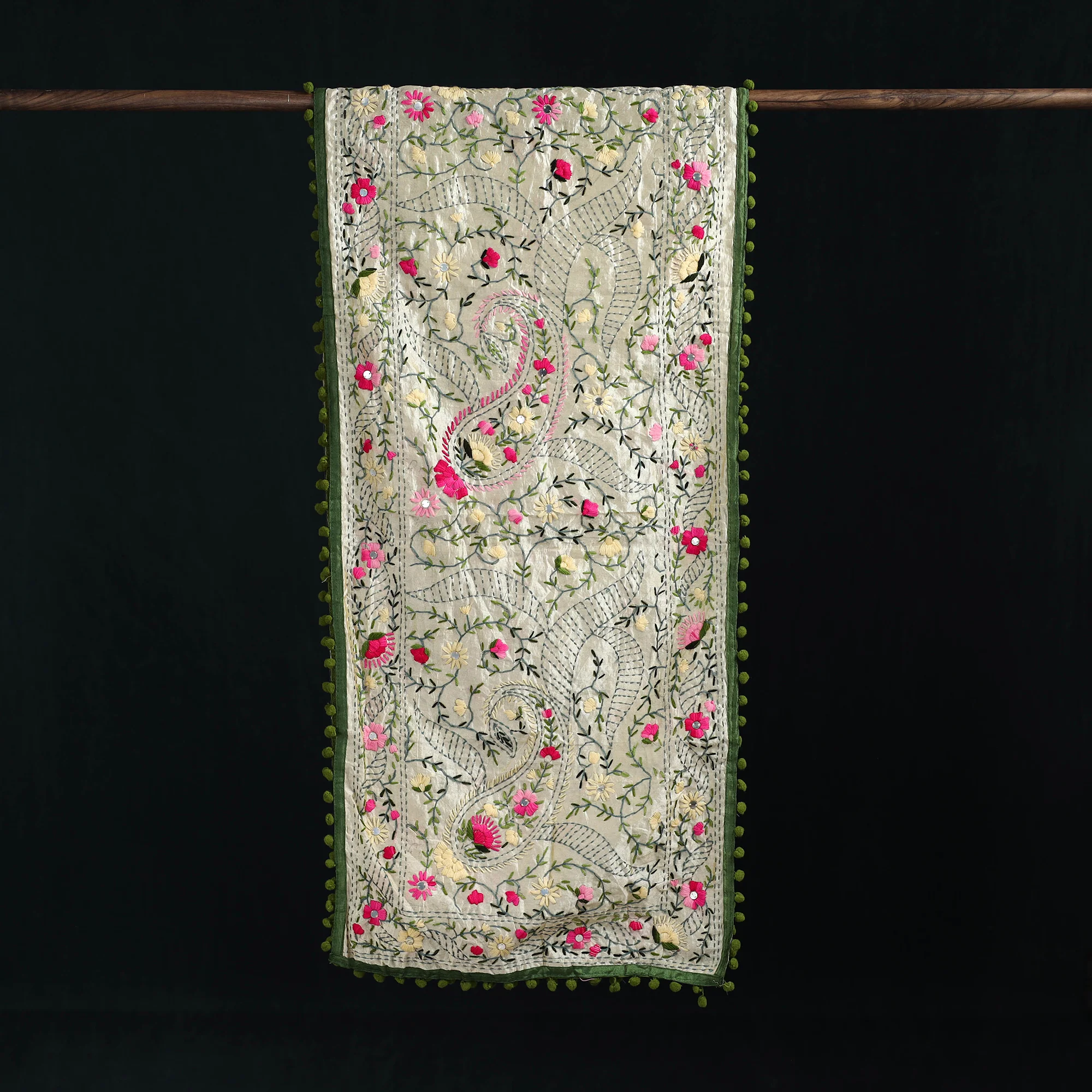 Beige - Ranihati Chanderi Silk Hand Embroidered Stole with Pom Pom 185 - Image 3