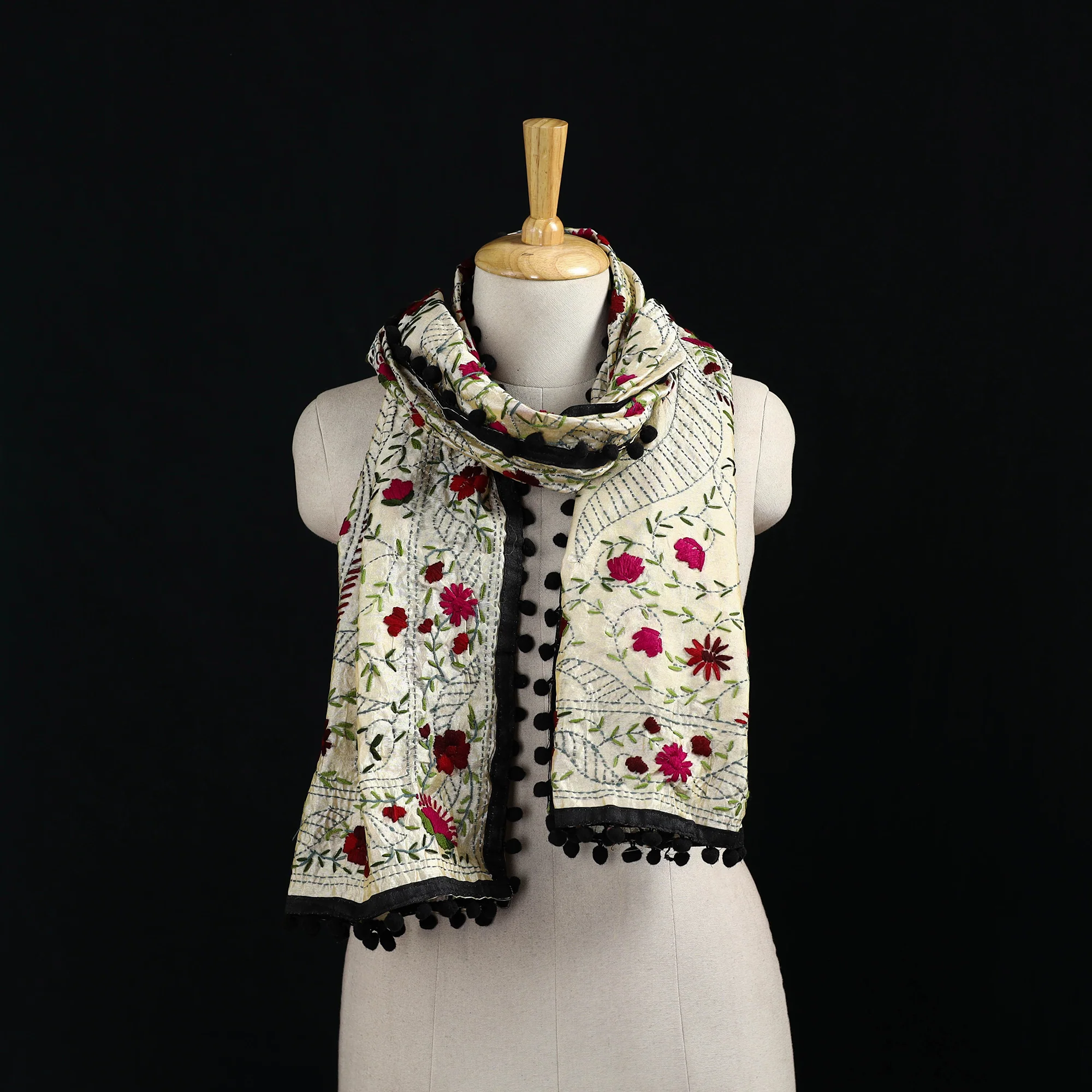 Beige - Ranihati Chanderi Silk Hand Embroidered Stole with Pom Pom 194