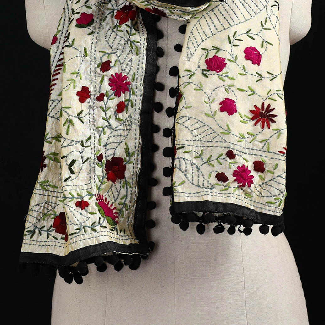 Beige - Ranihati Chanderi Silk Hand Embroidered Stole with Pom Pom 194 - Image 2