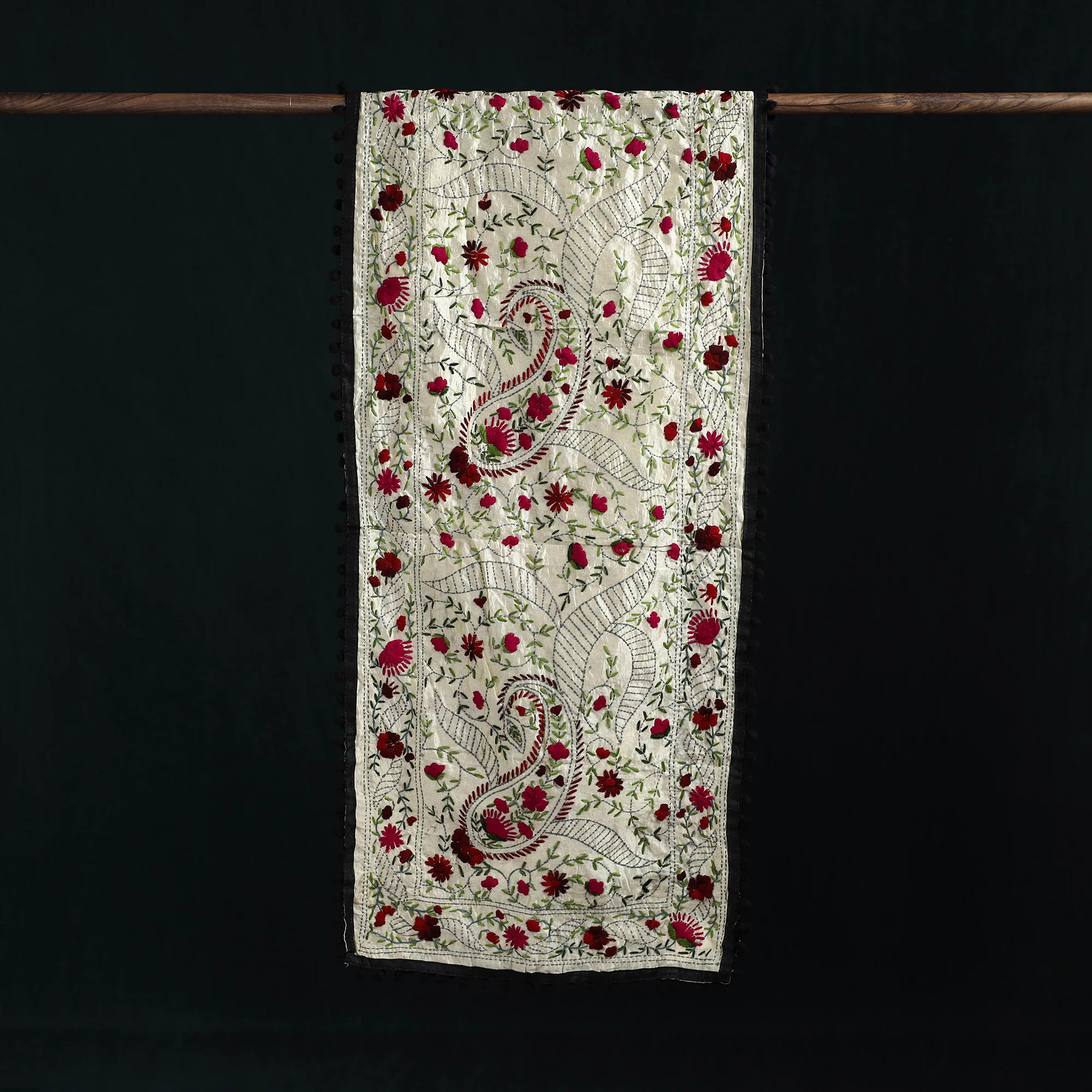 Beige - Ranihati Chanderi Silk Hand Embroidered Stole with Pom Pom 194 - Image 3