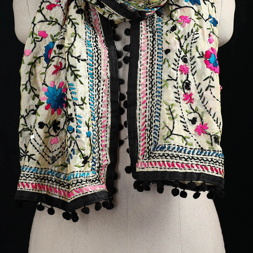 Beige - Ranihati Chanderi Silk Hand Embroidered Stole with Pom Pom 202 - Image 2