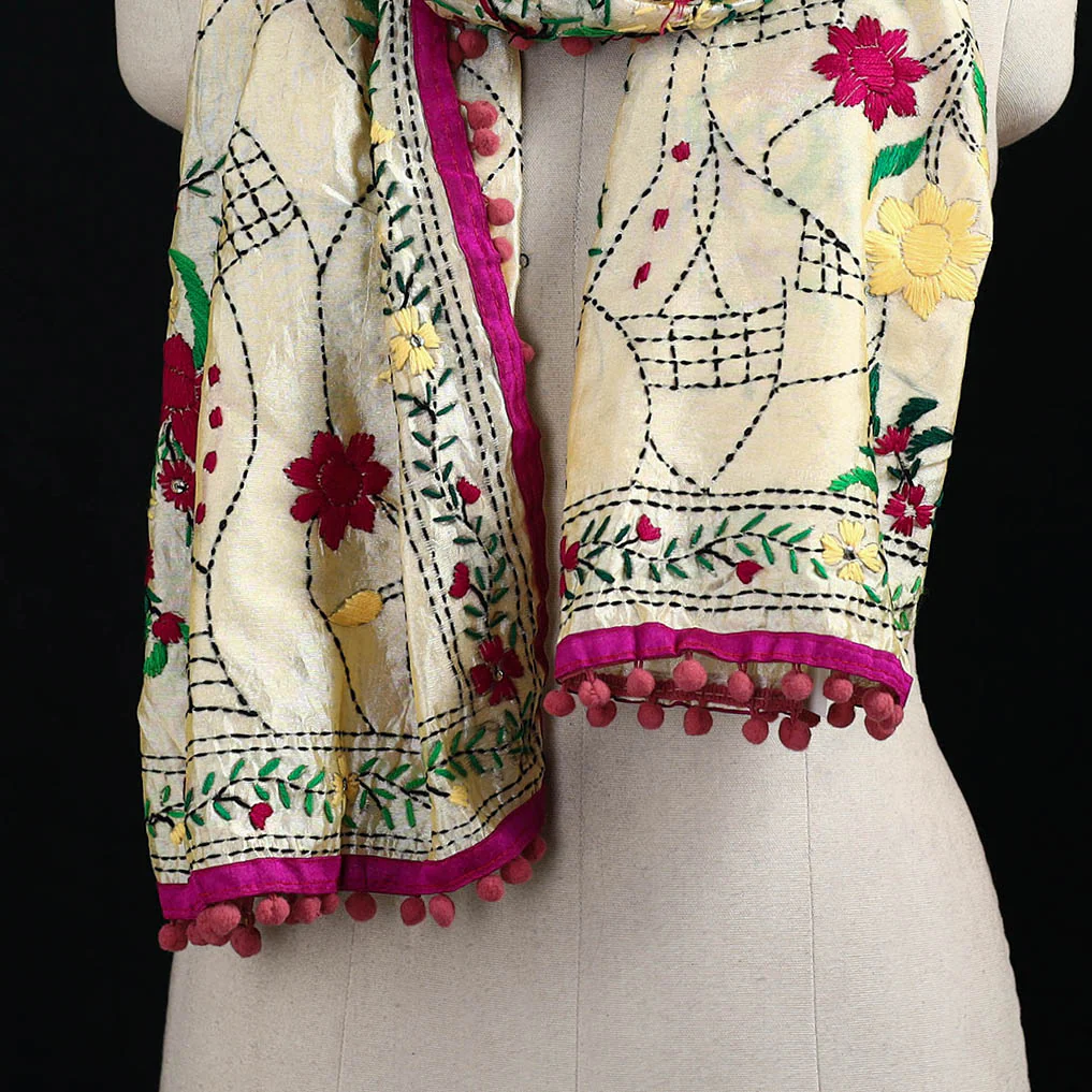 Beige - Ranihati Chanderi Silk Hand Embroidered Stole with Pom Pom 217 - Image 2