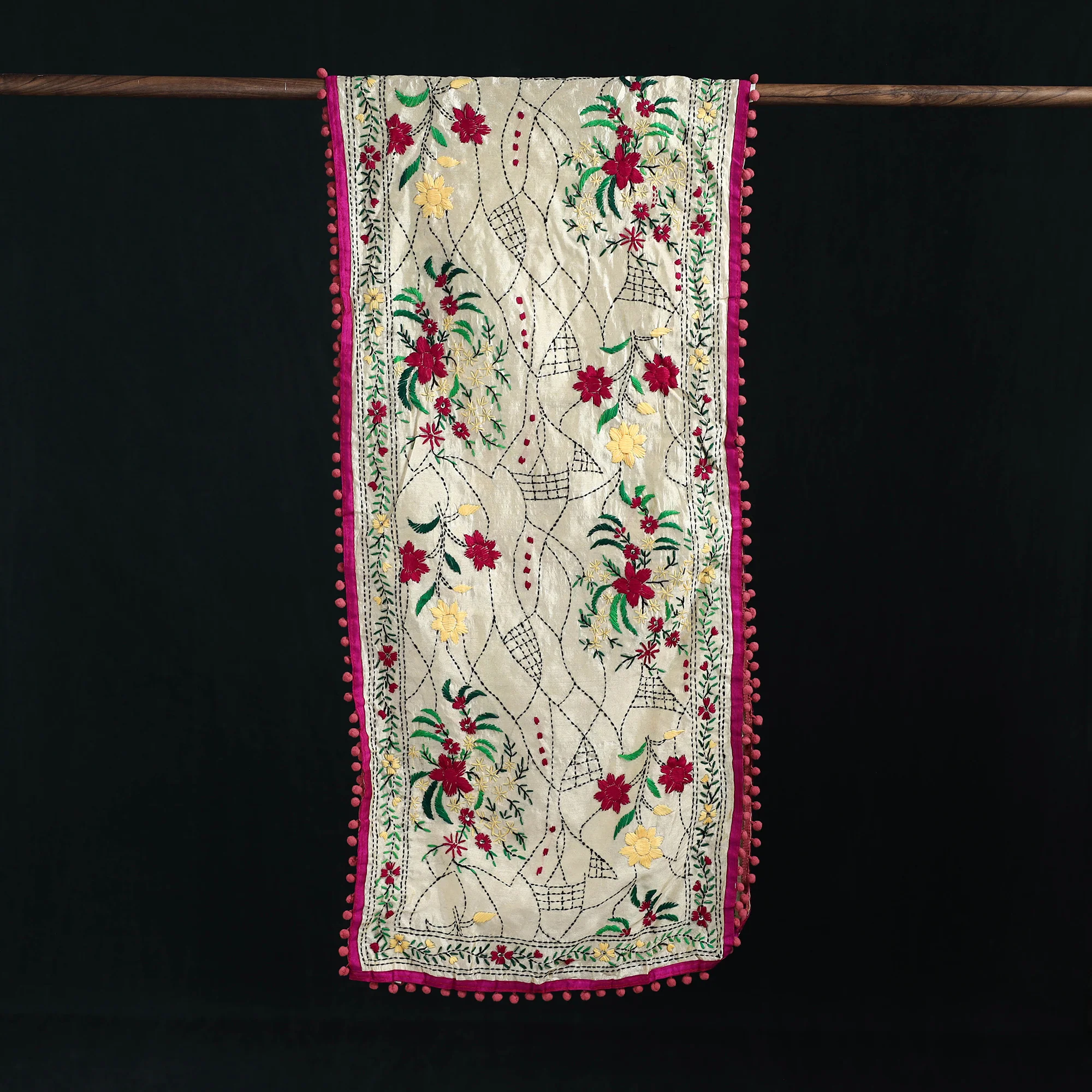 Beige - Ranihati Chanderi Silk Hand Embroidered Stole with Pom Pom 217 - Image 3