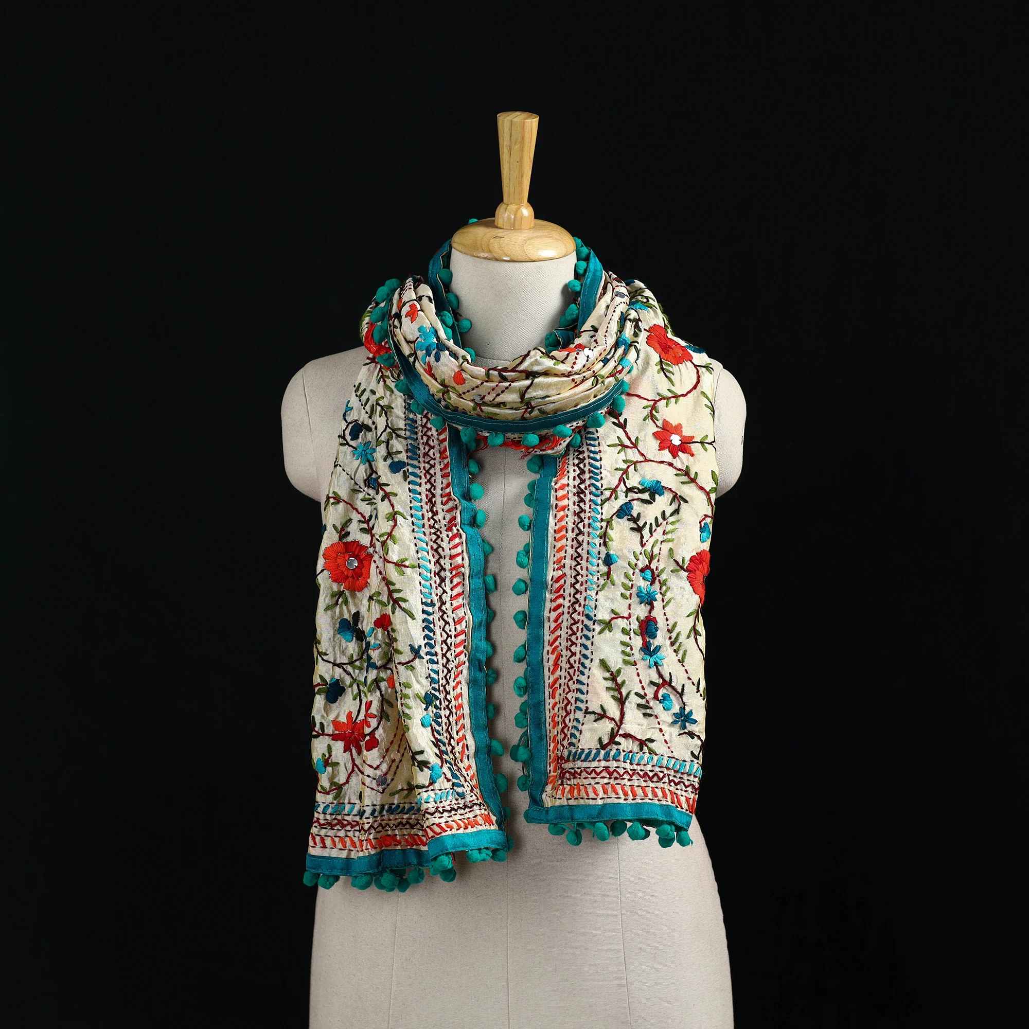 Beige - Ranihati Chanderi Silk Hand Embroidered Stole with Pom Pom 226