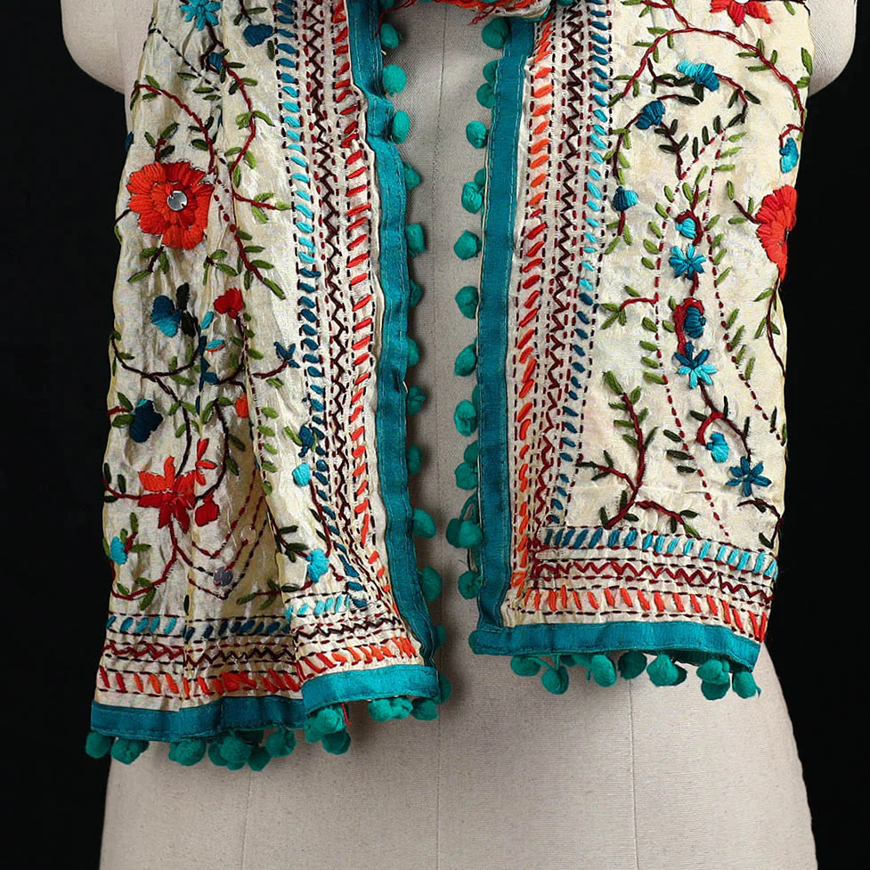 Beige - Ranihati Chanderi Silk Hand Embroidered Stole with Pom Pom 226 - Image 2