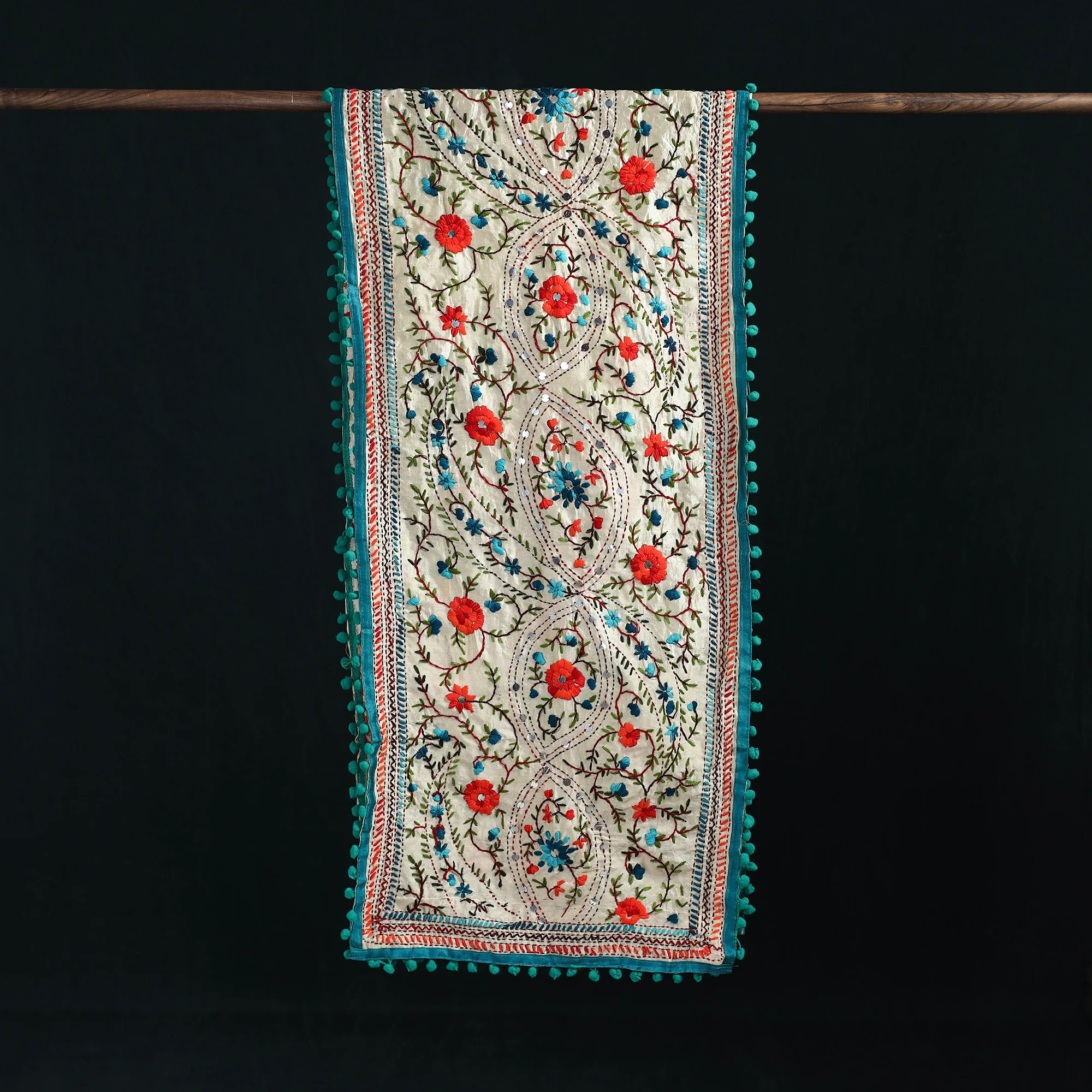 Beige - Ranihati Chanderi Silk Hand Embroidered Stole with Pom Pom 226 - Image 3