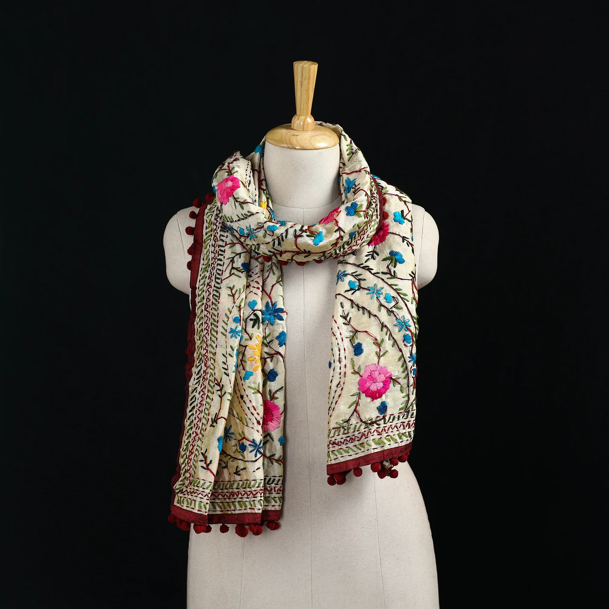 Beige - Ranihati Chanderi Silk Hand Embroidered Stole with Pom Pom 244