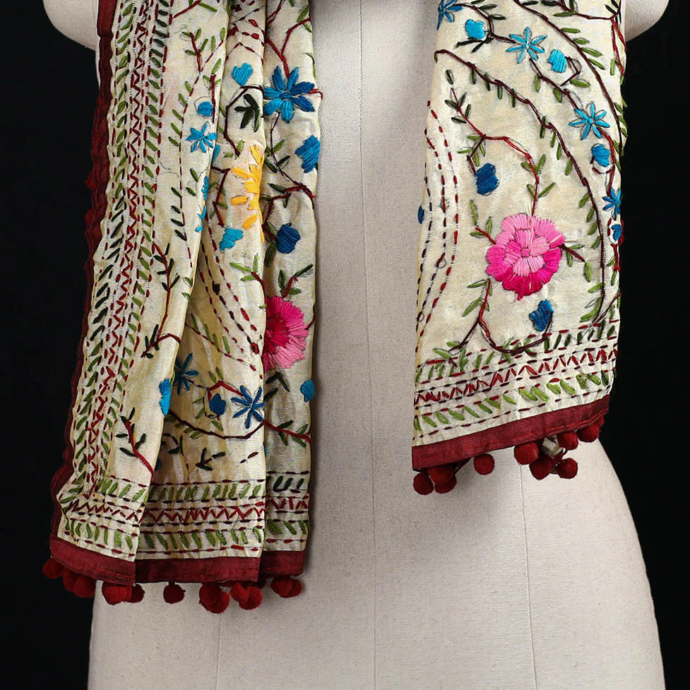Beige - Ranihati Chanderi Silk Hand Embroidered Stole with Pom Pom 244 - Image 2