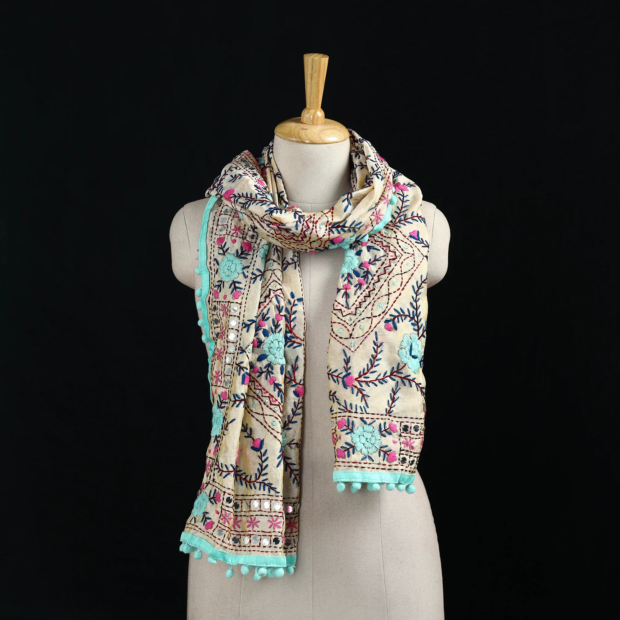 Beige - Ranihati Chanderi Silk Hand Embroidered Stole with Pom Pom 245