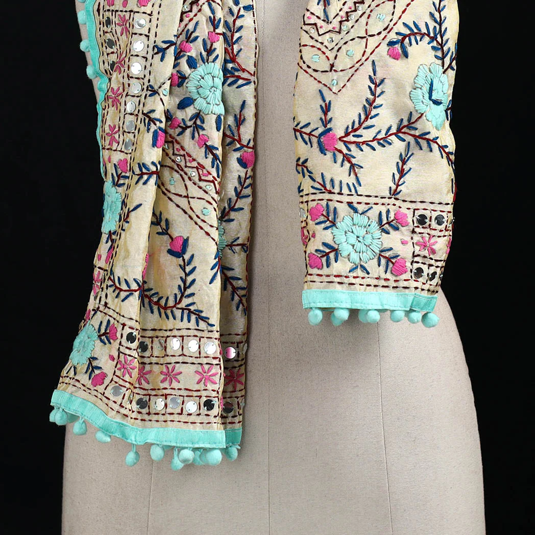 Beige - Ranihati Chanderi Silk Hand Embroidered Stole with Pom Pom 245 - Image 2
