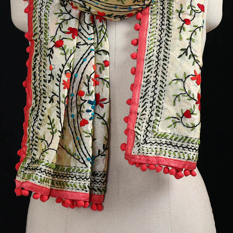 Beige - Ranihati Chanderi Silk Hand Embroidered Stole with Pom Pom 247 - Image 2