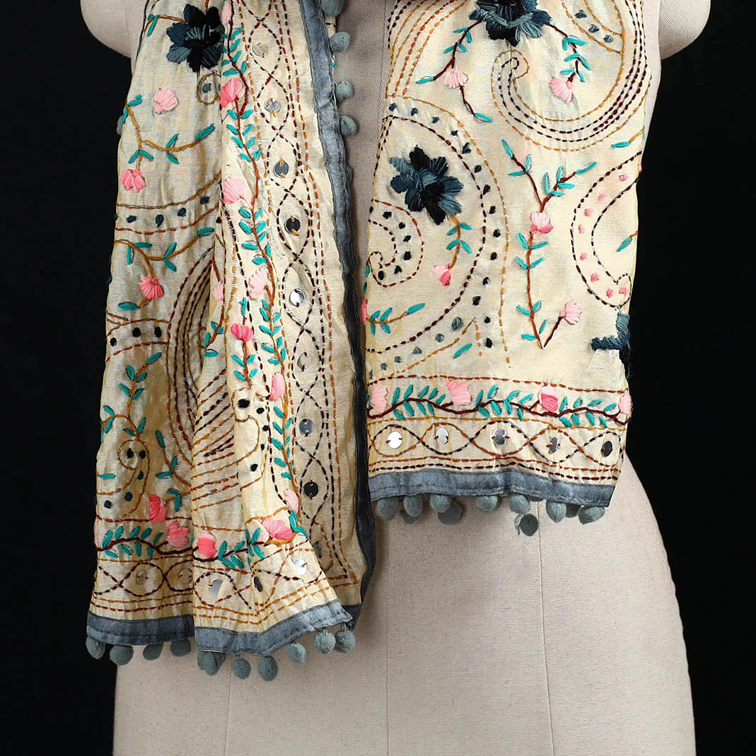 Beige - Ranihati Chanderi Silk Hand Embroidered Stole with Pom Pom 251 - Image 2