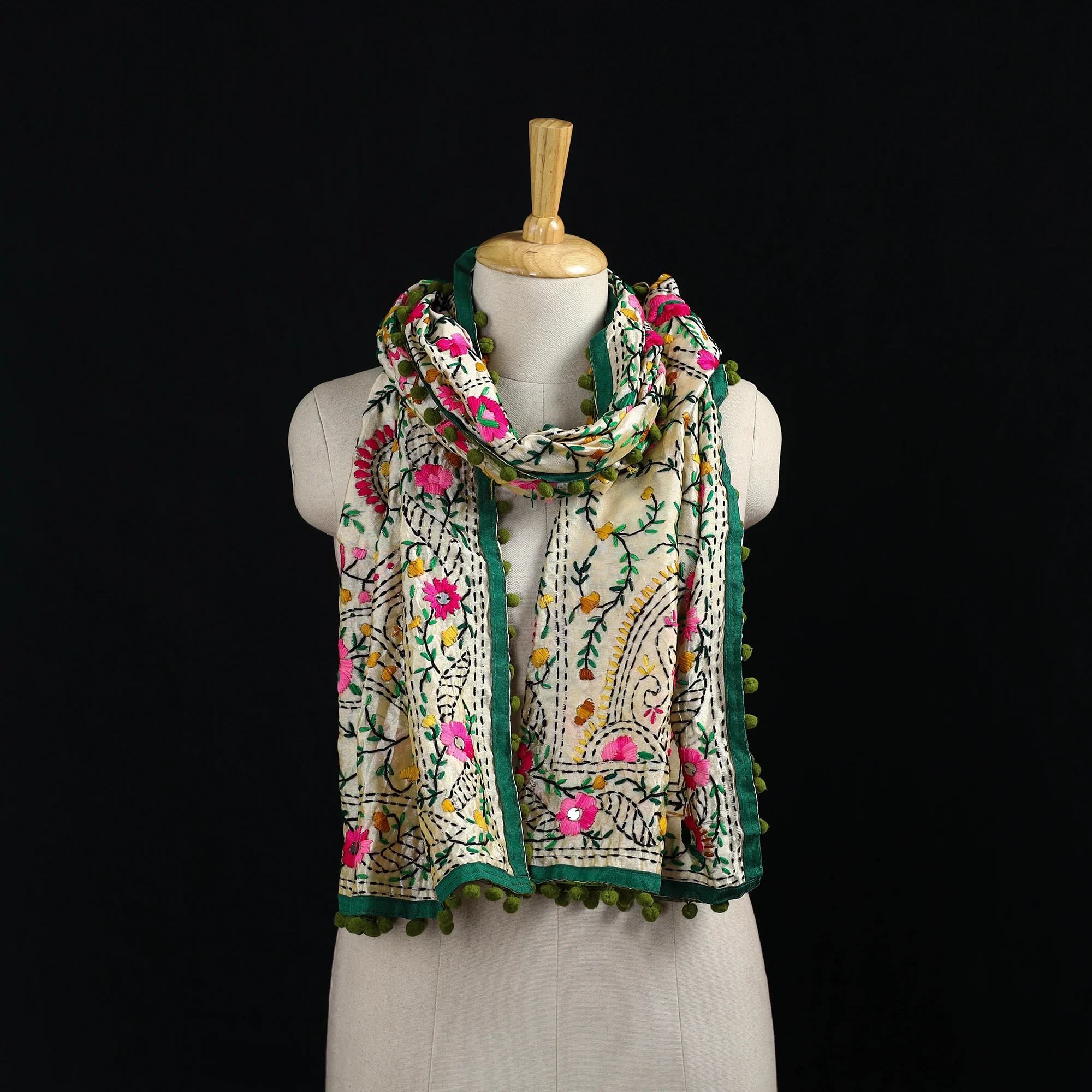 Beige - Ranihati Chanderi Silk Hand Embroidered Stole with Pom Pom 266