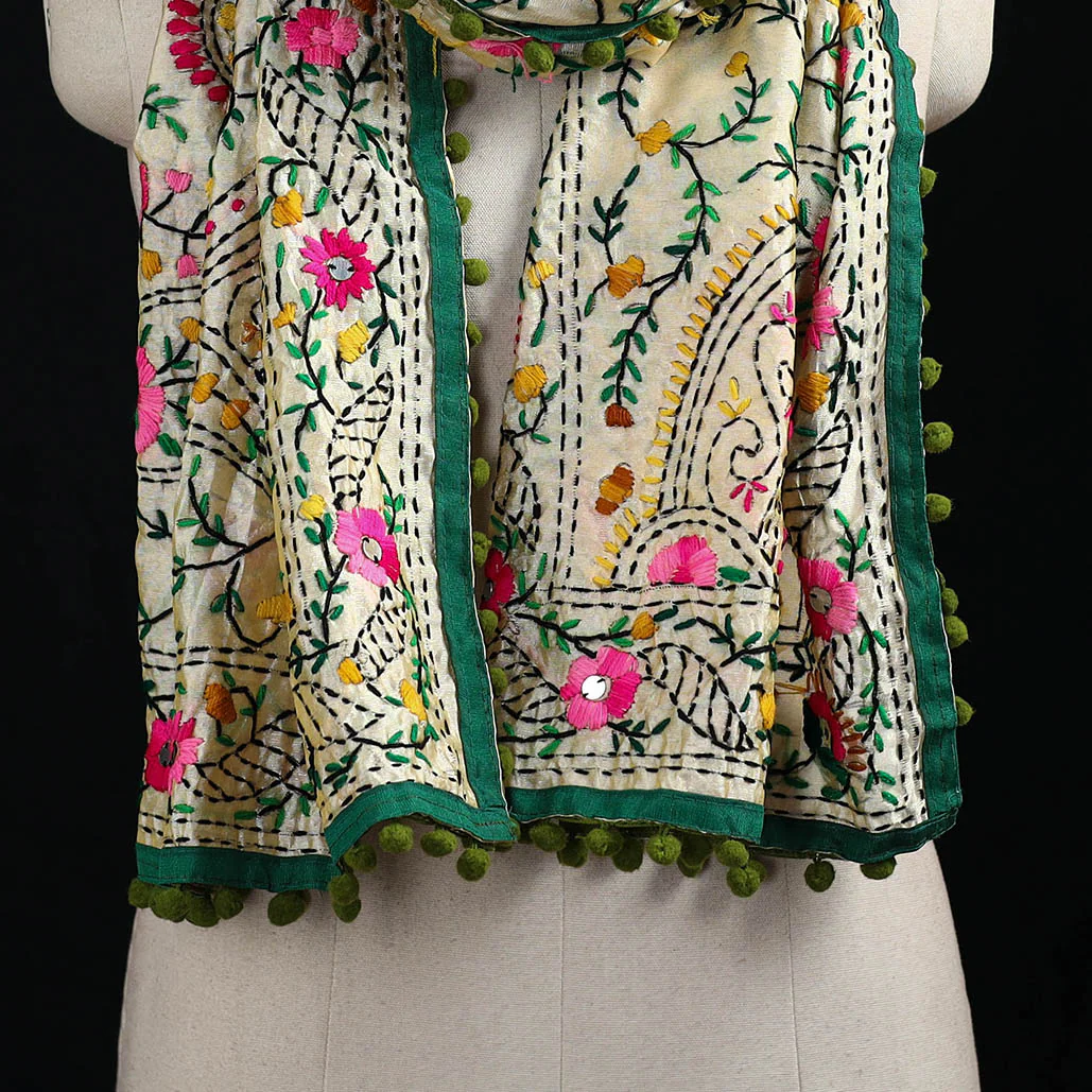 Beige - Ranihati Chanderi Silk Hand Embroidered Stole with Pom Pom 266 - Image 2