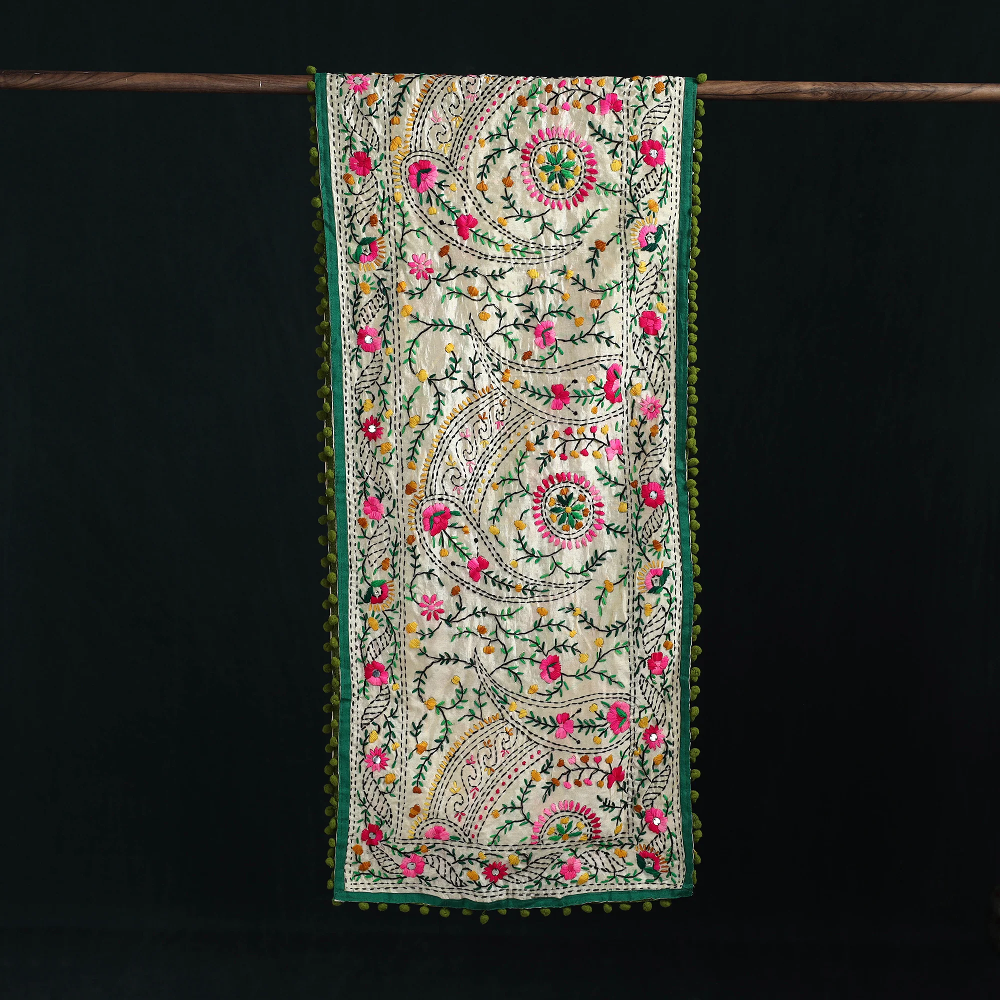Beige - Ranihati Chanderi Silk Hand Embroidered Stole with Pom Pom 266 - Image 3