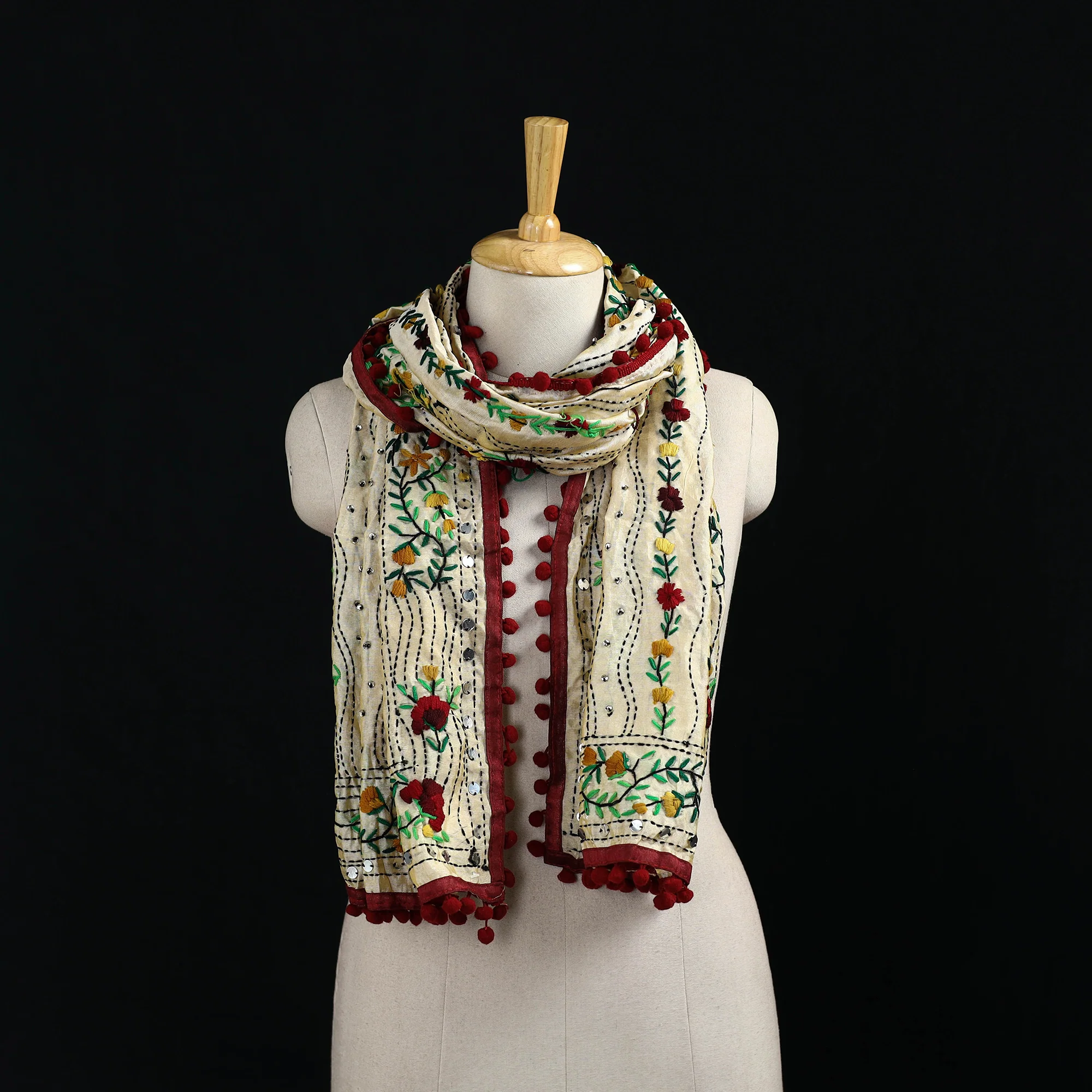 Beige - Ranihati Chanderi Silk Hand Embroidered Stole with Pom Pom 267