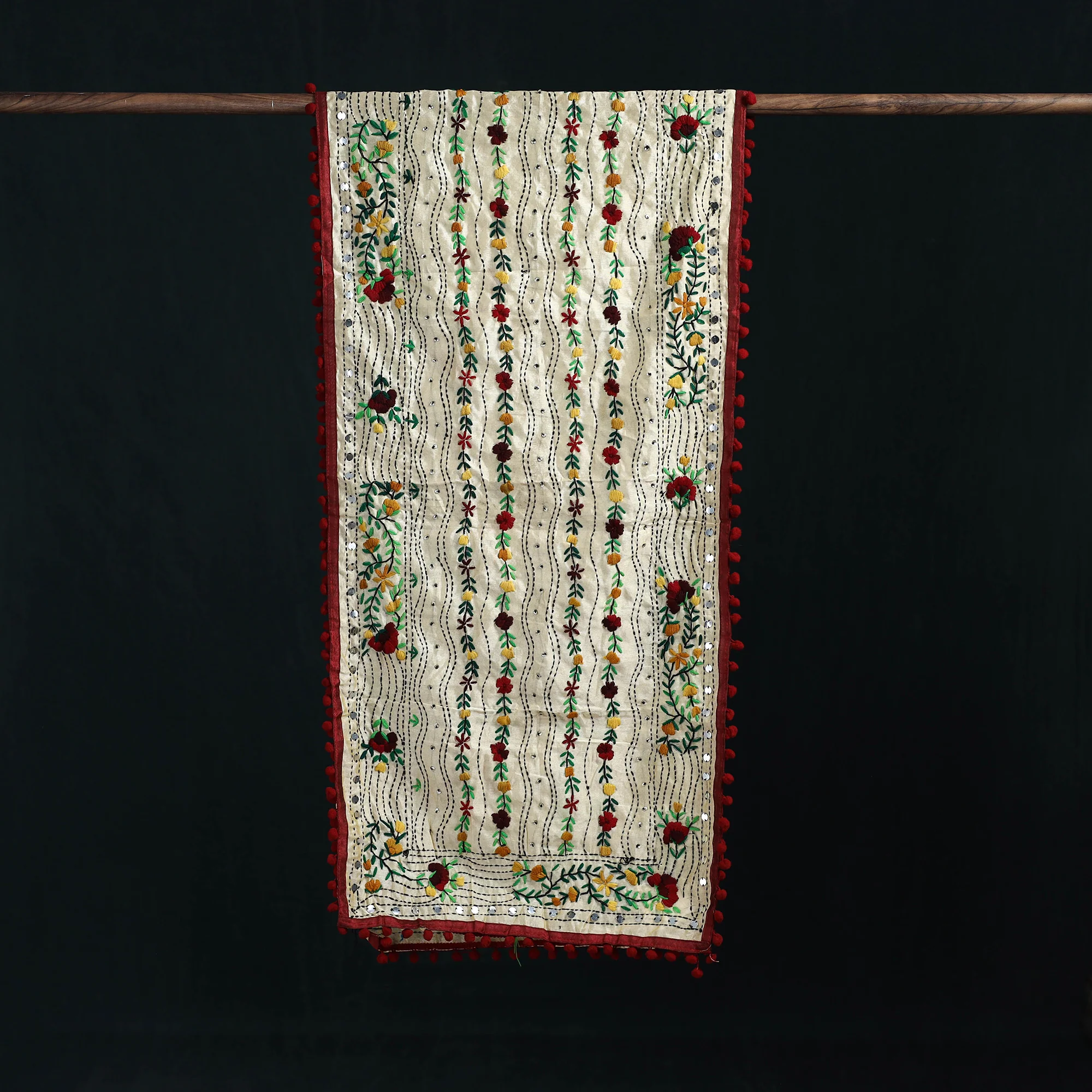 Beige - Ranihati Chanderi Silk Hand Embroidered Stole with Pom Pom 267 - Image 3