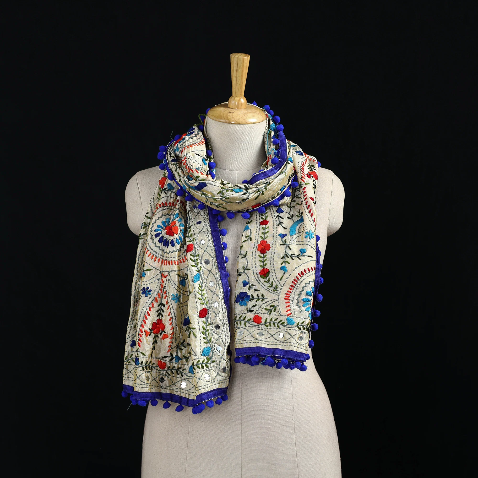 Beige - Ranihati Chanderi Silk Hand Embroidered Stole with Pom Pom 269