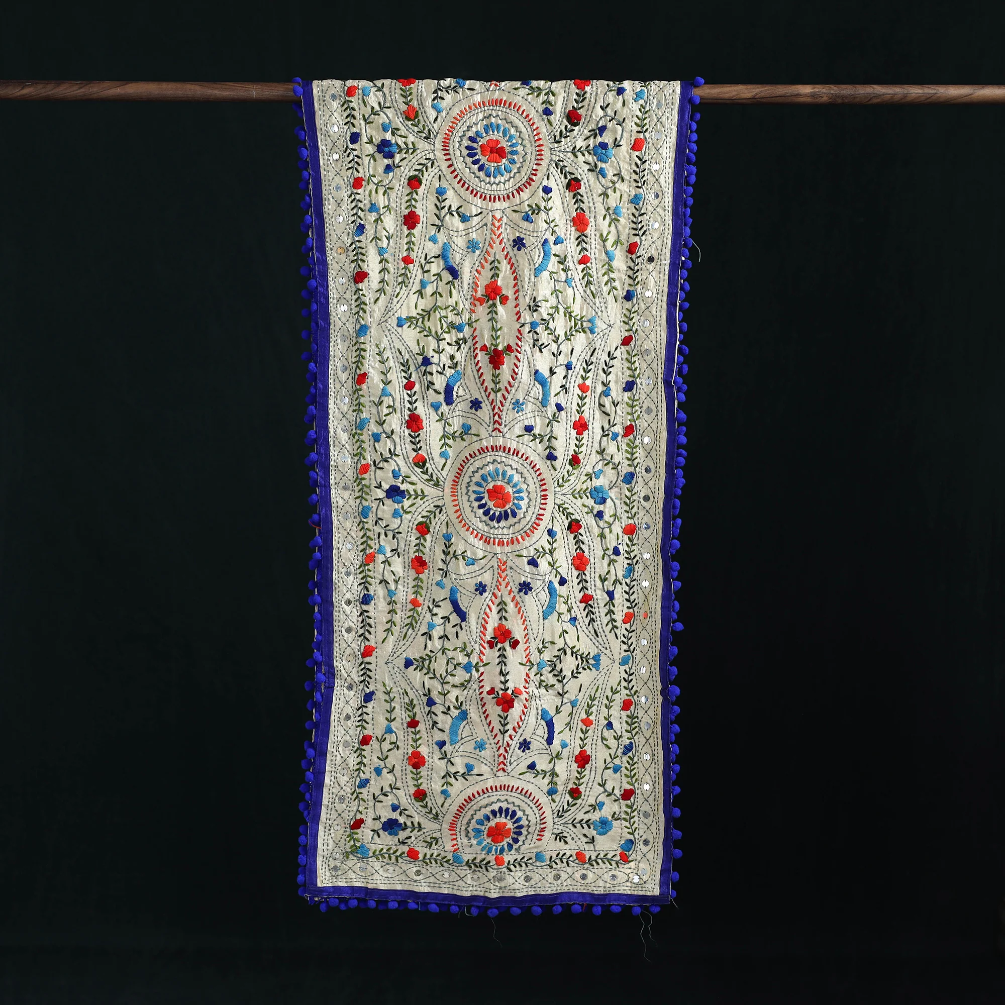 Beige - Ranihati Chanderi Silk Hand Embroidered Stole with Pom Pom 269 - Image 3