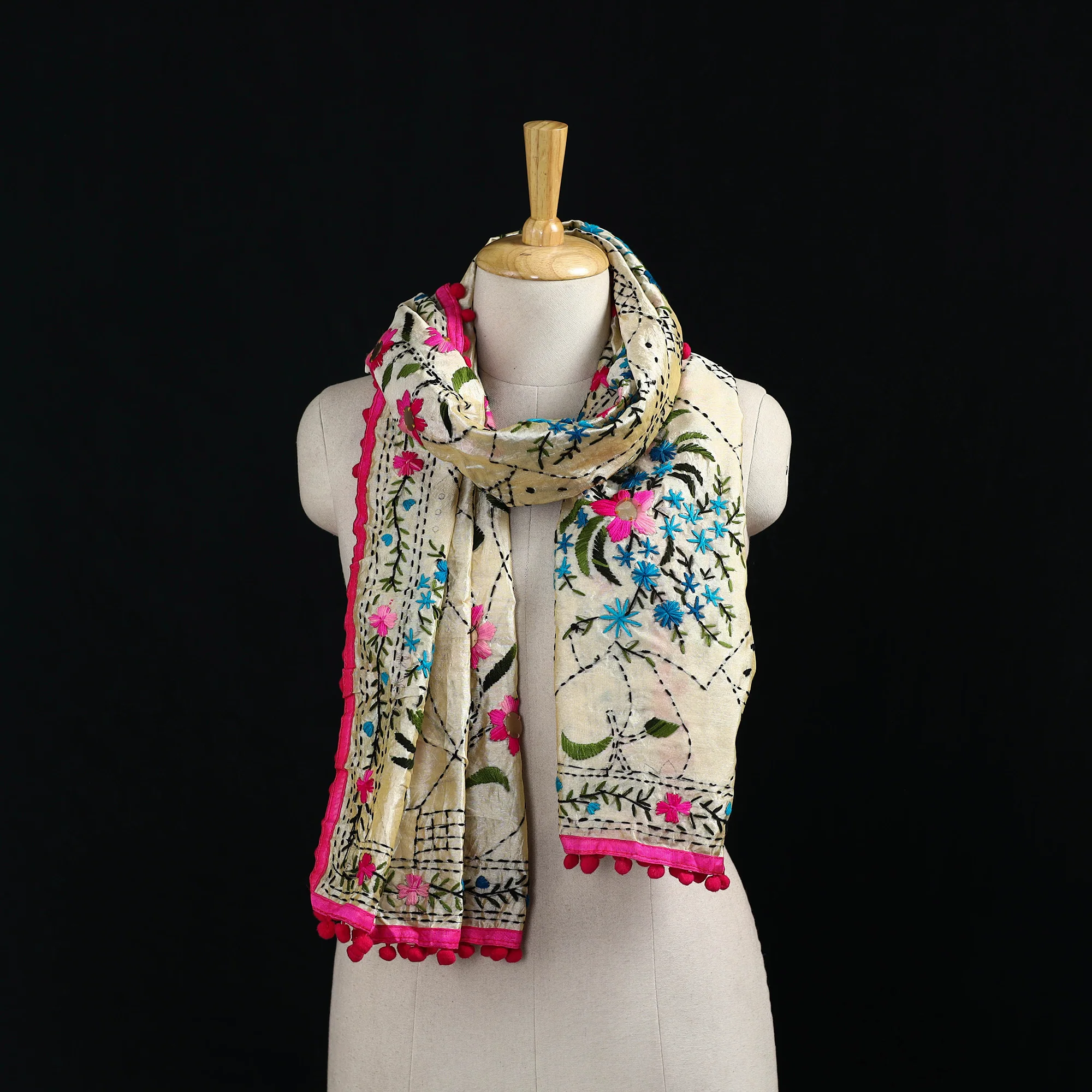 Beige - Ranihati Chanderi Silk Hand Embroidered Stole with Pom Pom 283