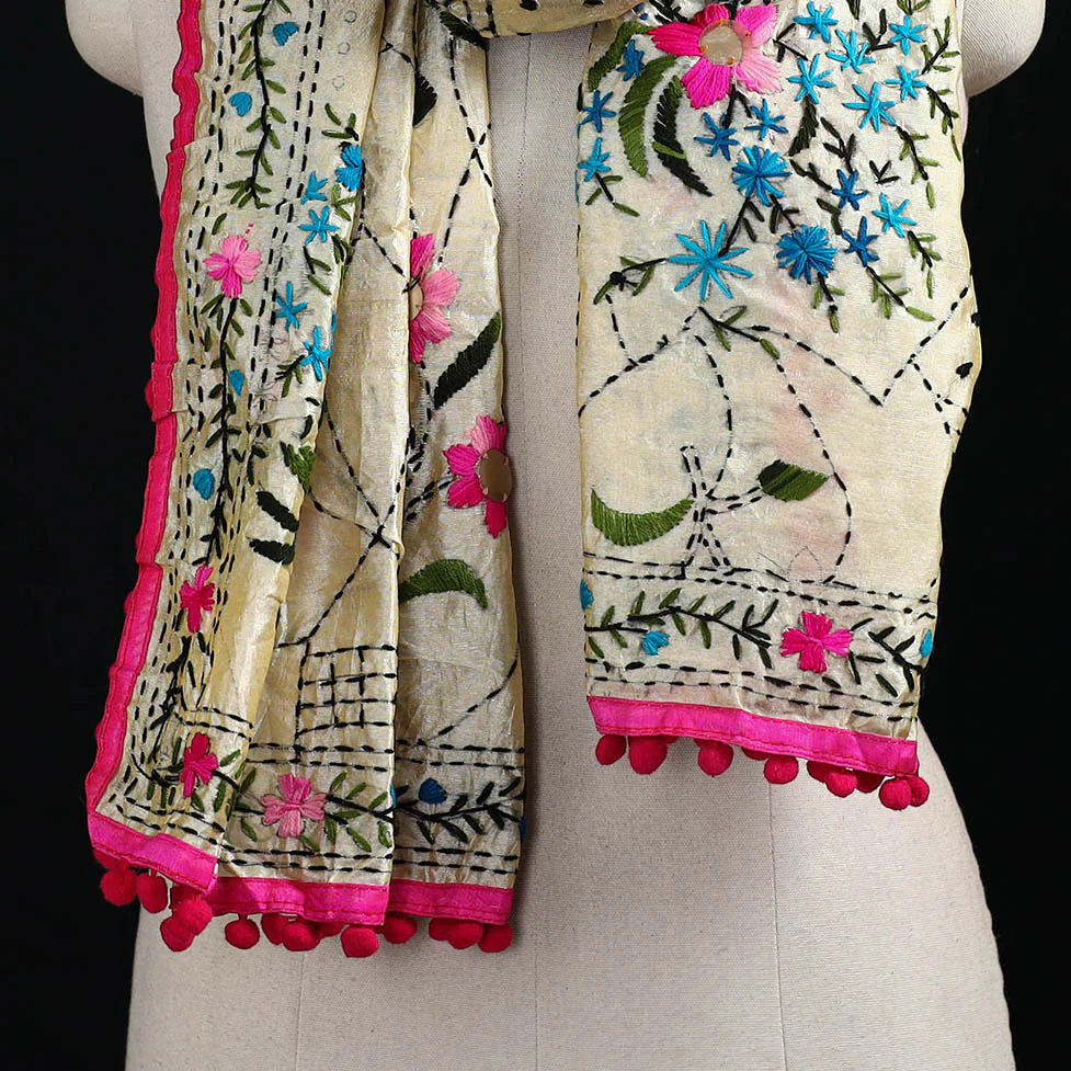 Beige - Ranihati Chanderi Silk Hand Embroidered Stole with Pom Pom 283 - Image 2